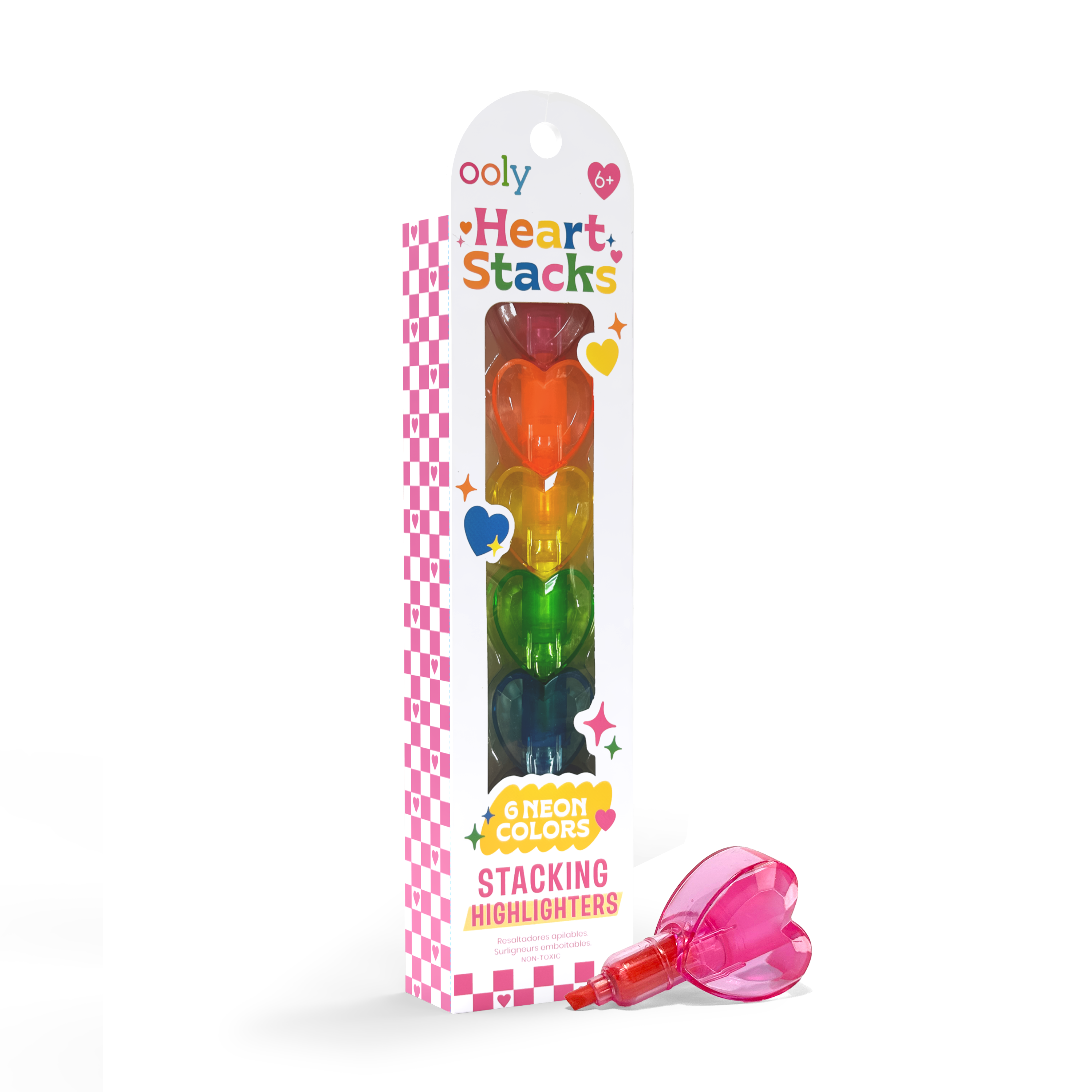Quarter angle of packaging of OOLY Heart Stacks Stacking Highlighters on a white background