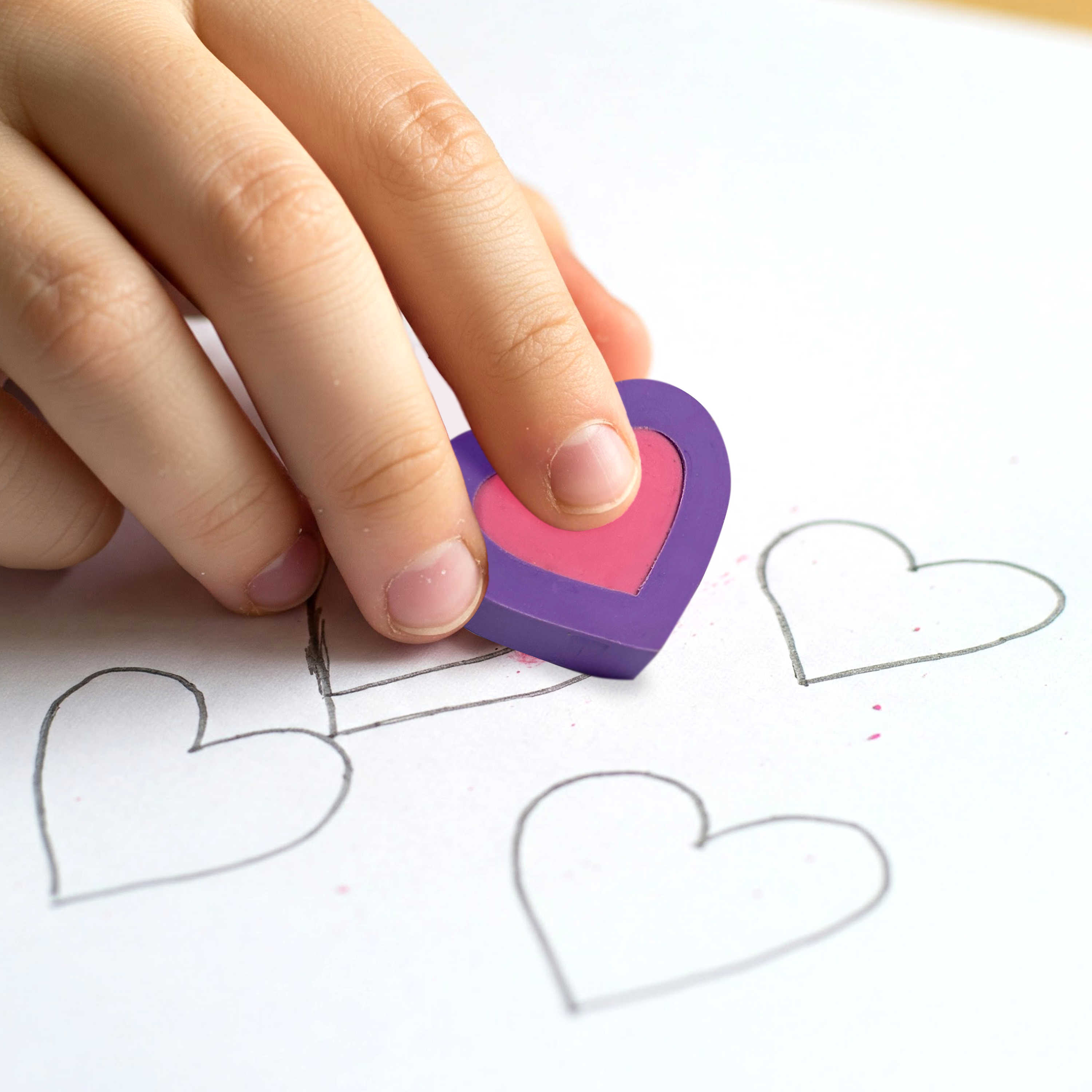 Hand using a purple OOLY Hearts in Bloom Puzzle Erasers on paper with heart traces
