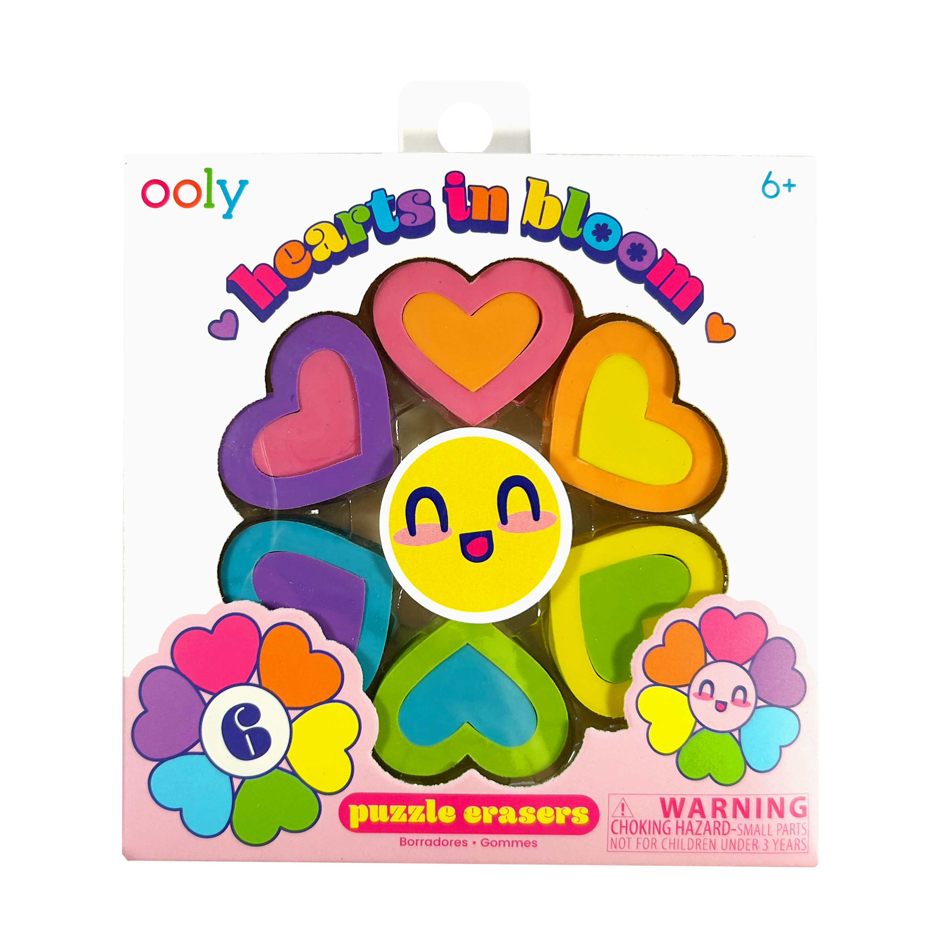 Packaging of OOLY Hearts in Bloom Puzzle Erasers with colorful heart designs on white background