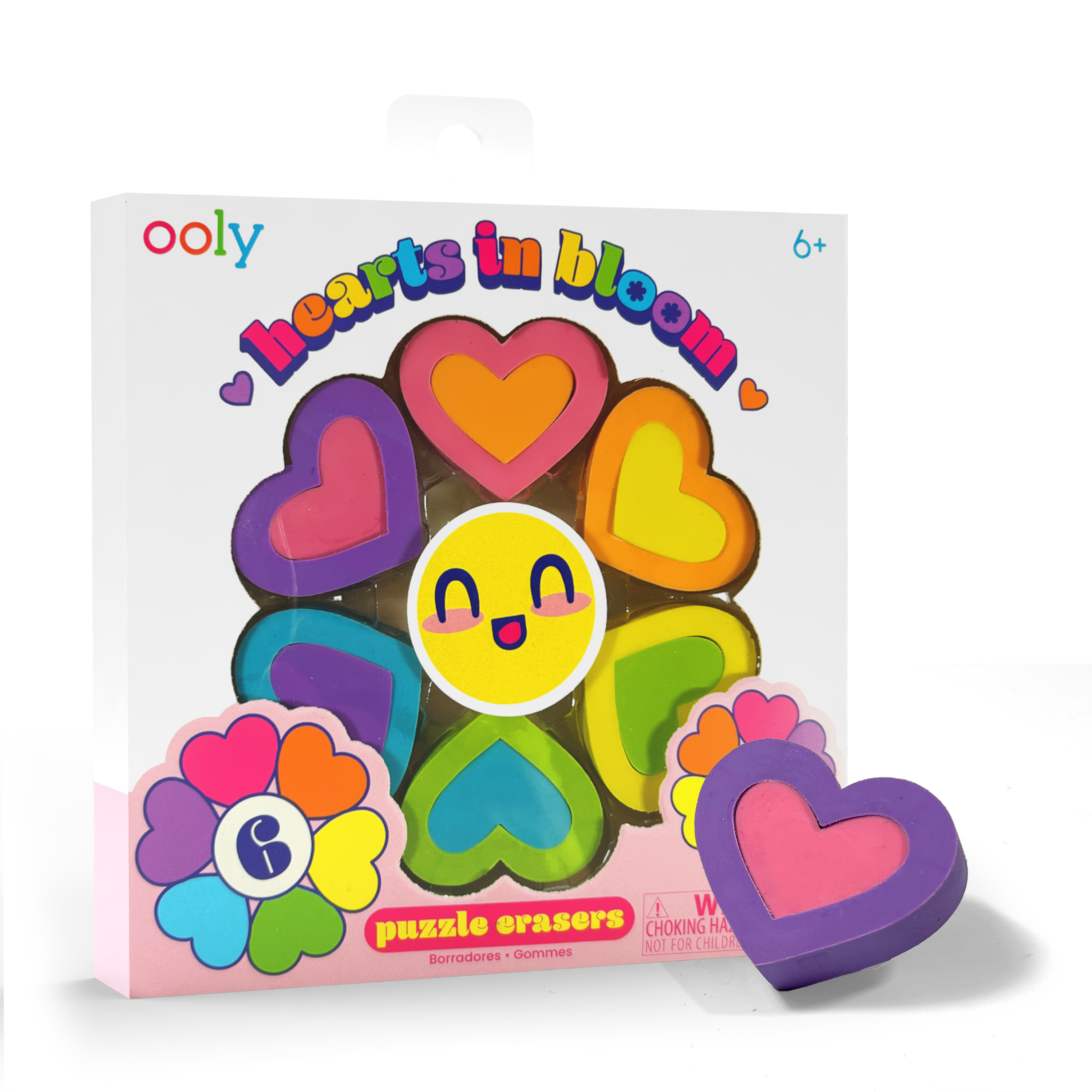 Quarter angle of OOLY Hearts in Bloom Puzzle Erasers in packaging on white background