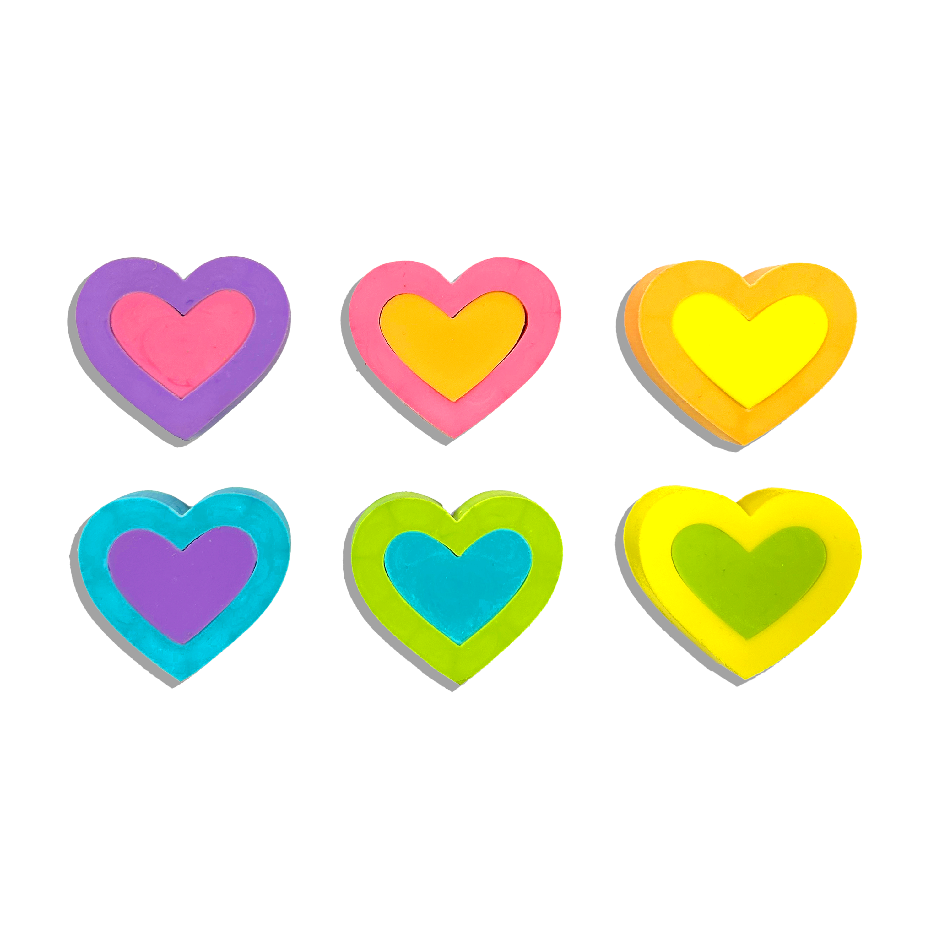 Set of six OOLY Hearts in Bloom Puzzle Erasers on a white background