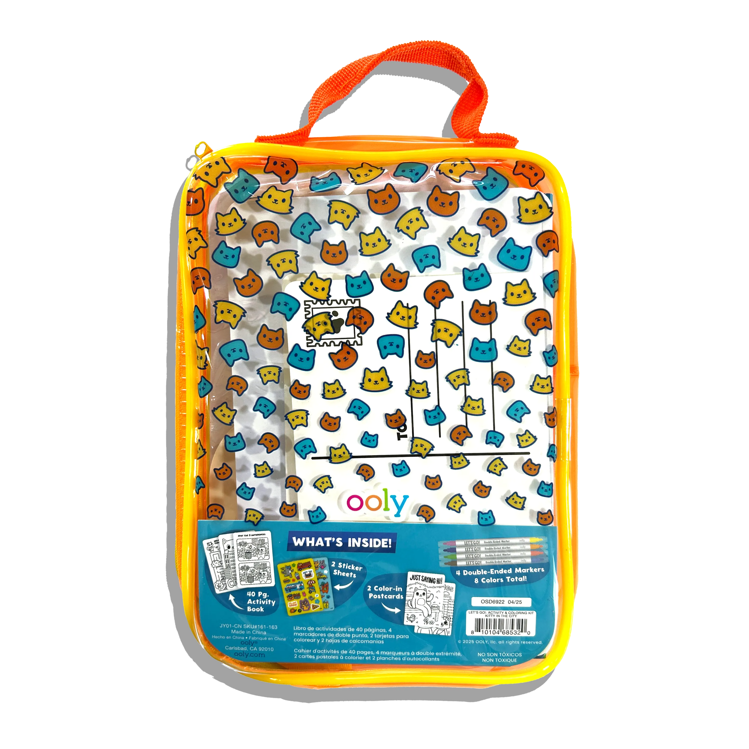 Back of carrying case of OOLY Kitty in the City Let’s Go! Activity & Coloring Kit on a white background
