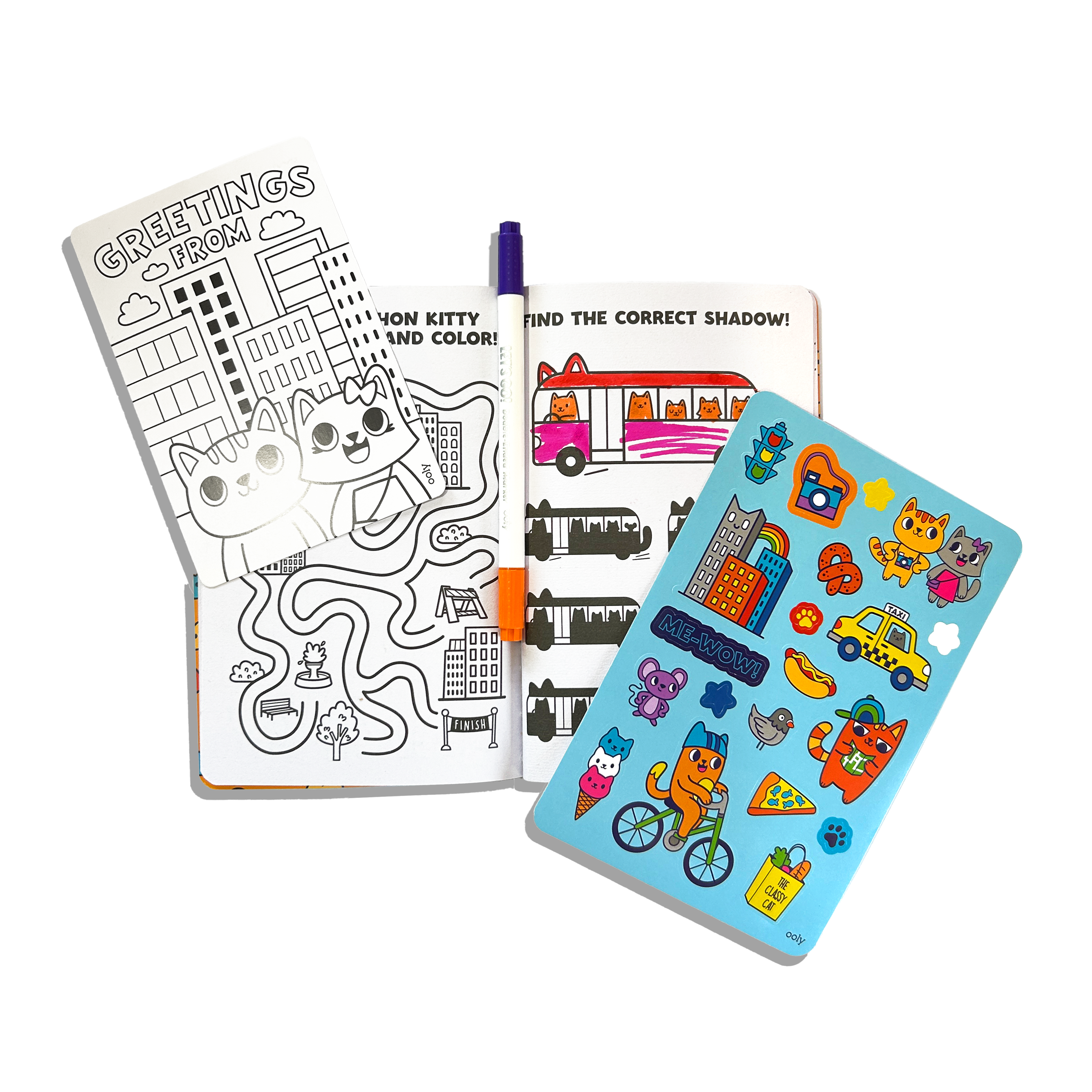 Activity book, sticker sheet and marker from the OOLY Kitty in the City Let’s Go! Activity & Coloring Kit on a white background
