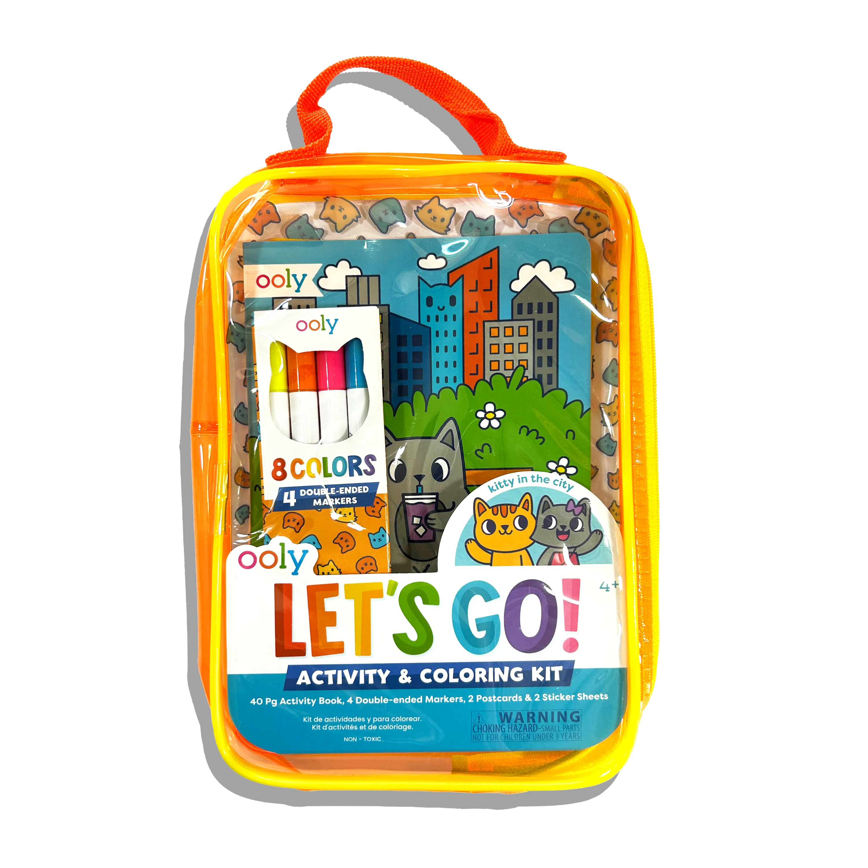 Front of carrying case of OOLY Kitty in the City Let’s Go! Activity & Coloring Kit on a white background
