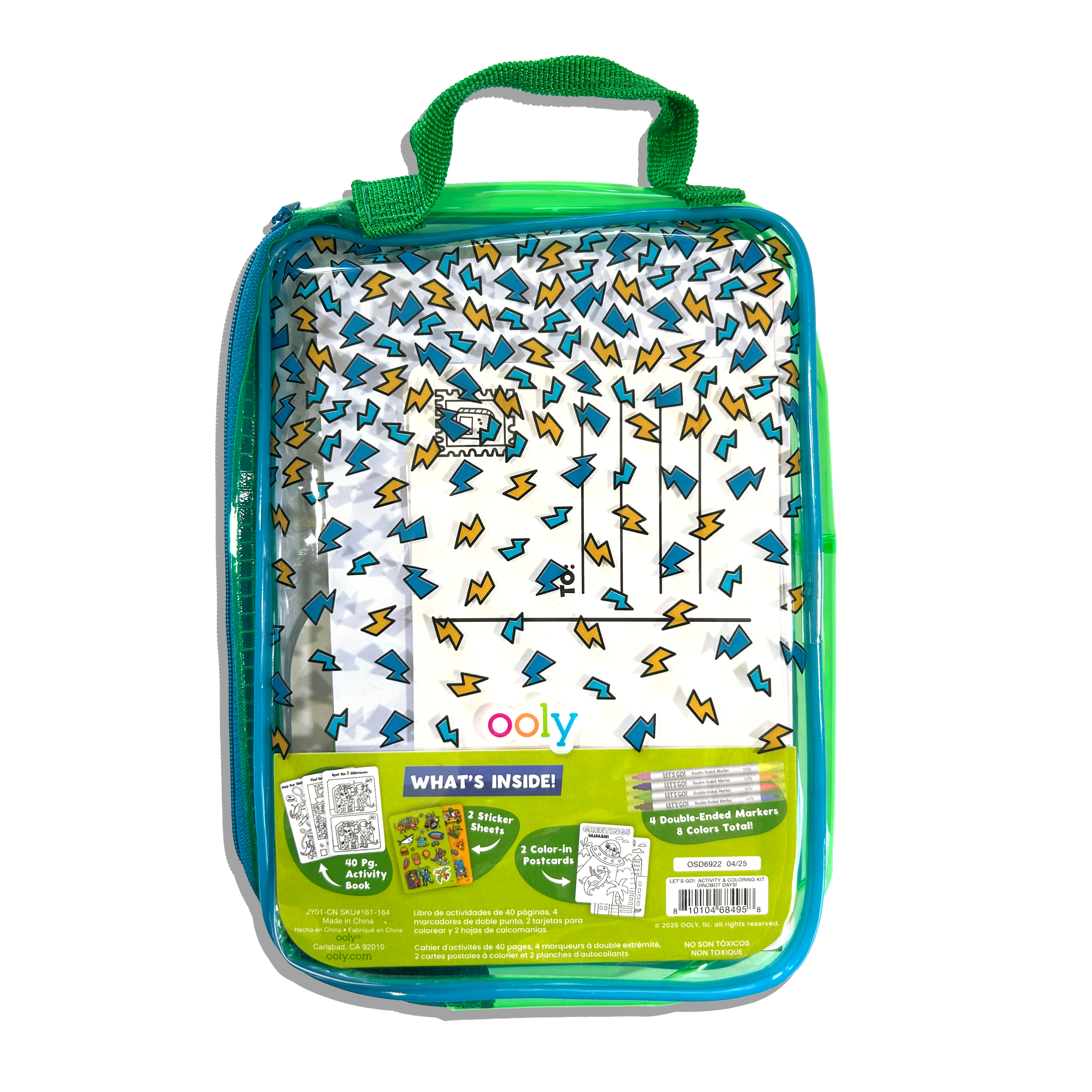 Back of carrying case of OOLY Robo Dinos Let’s Go! Activity & Coloring Kit on a white background