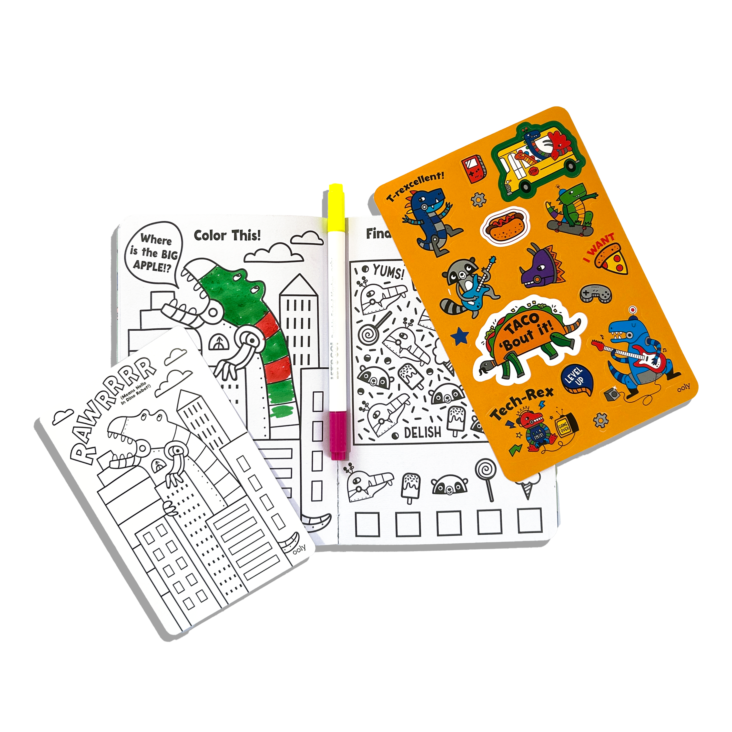 Activity book, sticker sheet and marker from the OOLY Robo Dinos Let’s Go! Activity & Coloring Kit on a white background