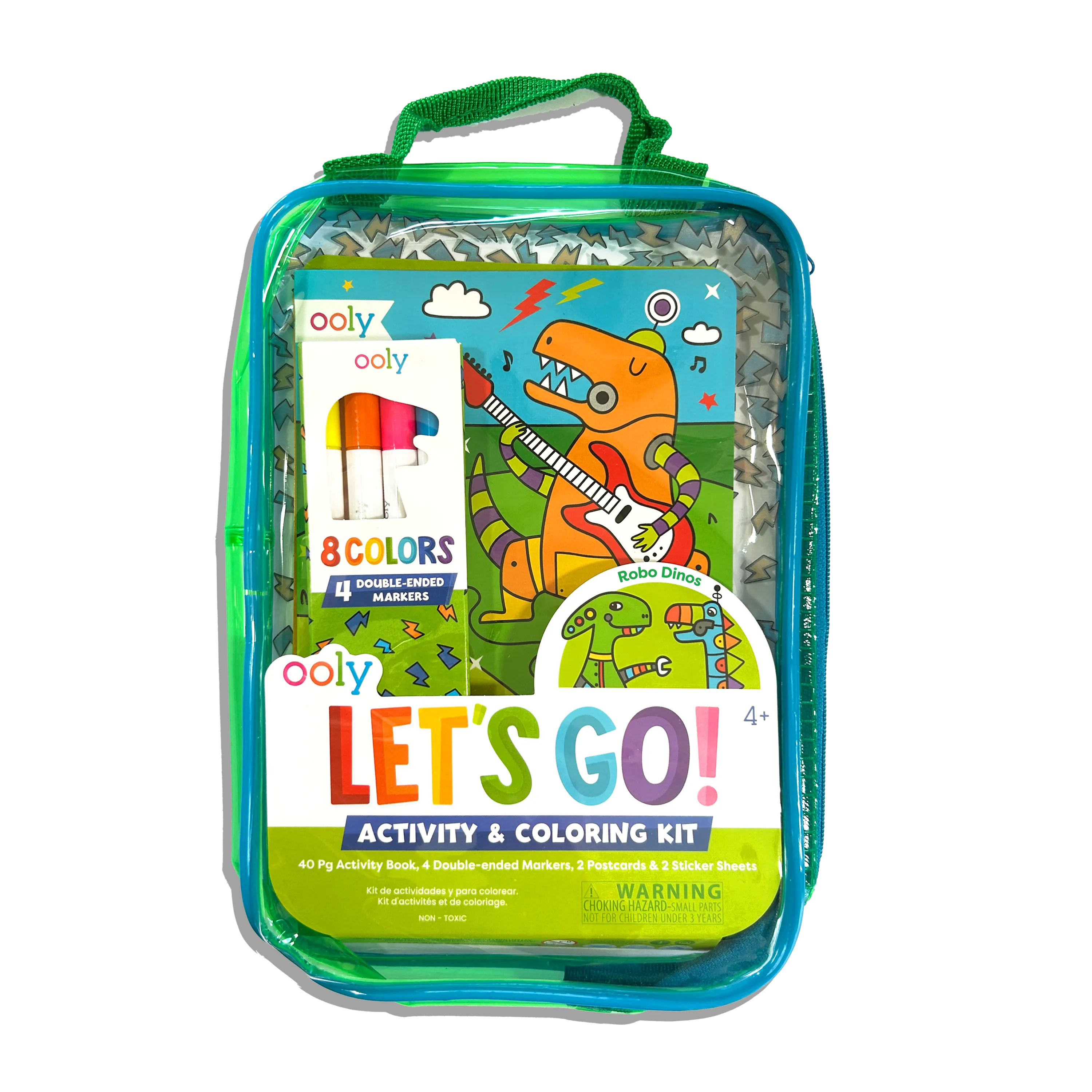Front of carrying case of OOLY Robo Dinos Let’s Go! Activity & Coloring Kit on a white background