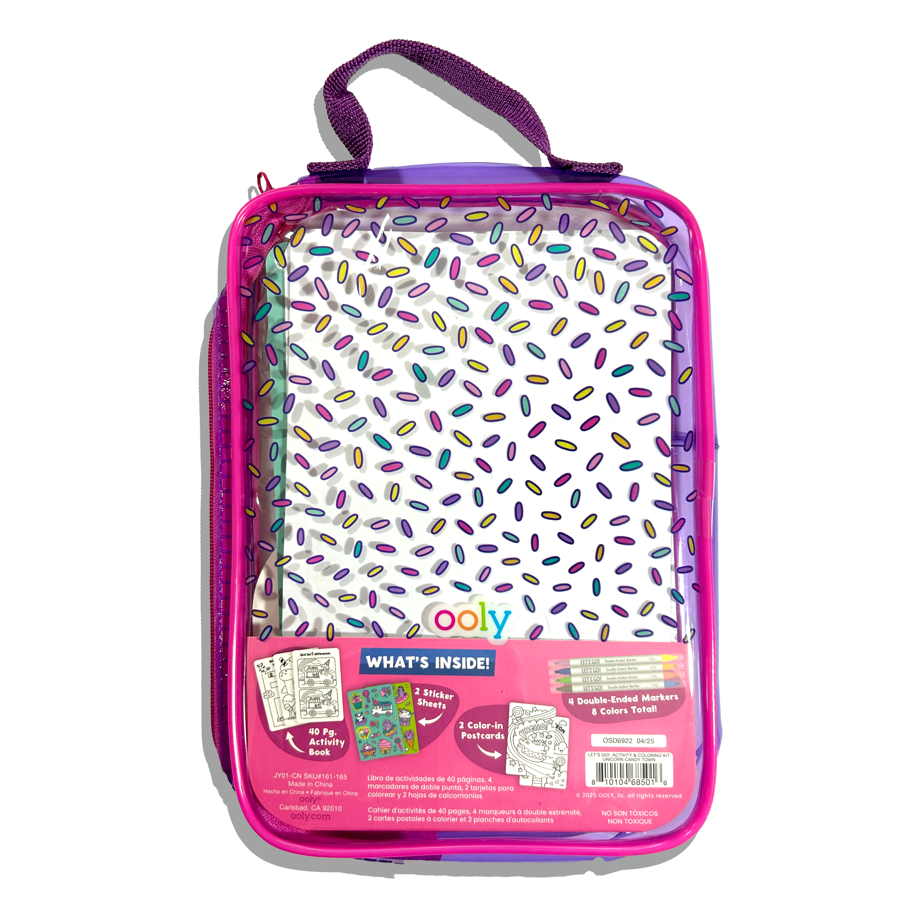 Back of carrying case of OOLY Unicorn Candy Town Let’s Go! Activity & Coloring Kit on a white background