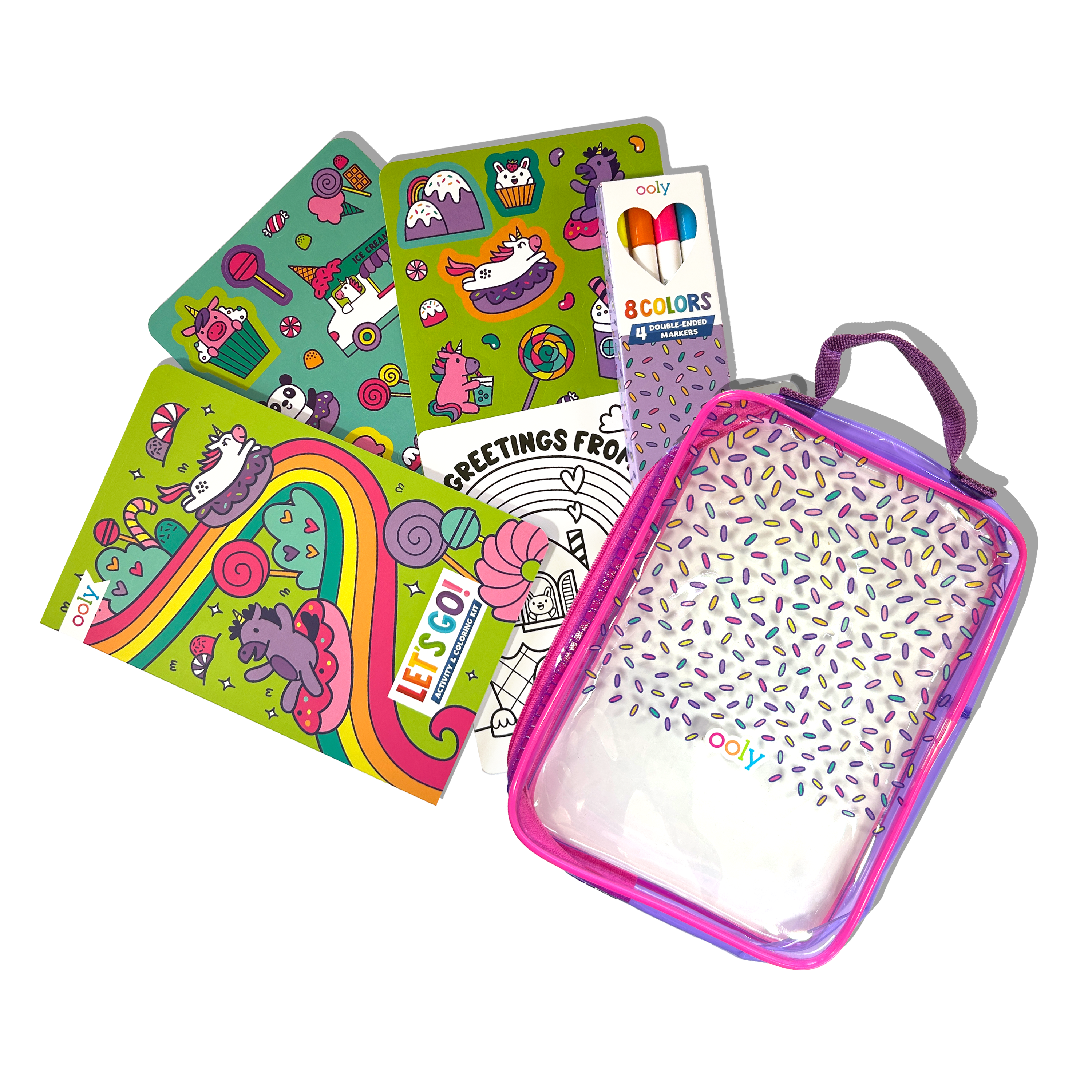 Carrying case and contents of OOLY Unicorn Candy Town Let’s Go! Activity & Coloring Kit on a white background