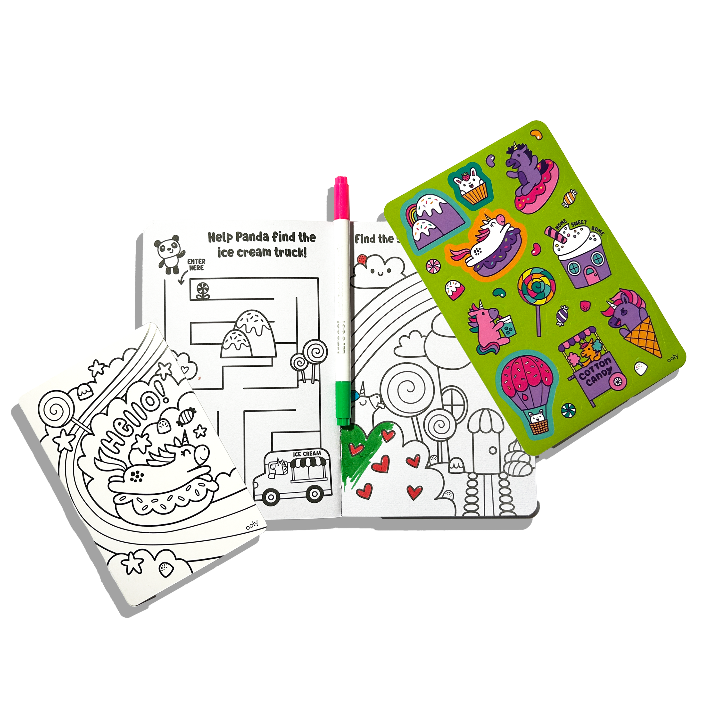 Activity book, sticker sheet and marker from the OOLY Unicorn Candy Town Let’s Go! Activity & Coloring Kit on a white background