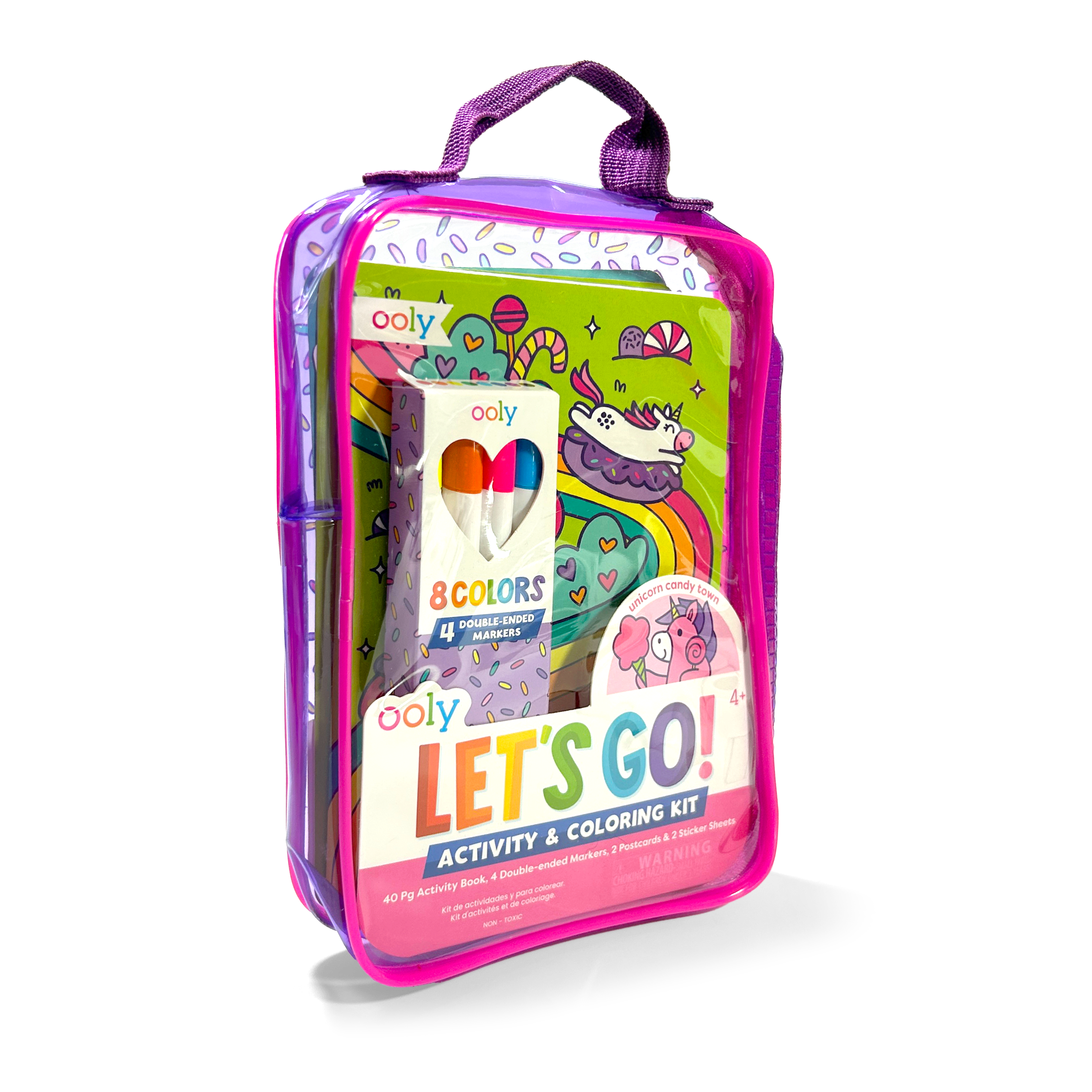 Quarter angle of OOLY Unicorn Candy Town Let’s Go! Activity & Coloring Kit on a white background