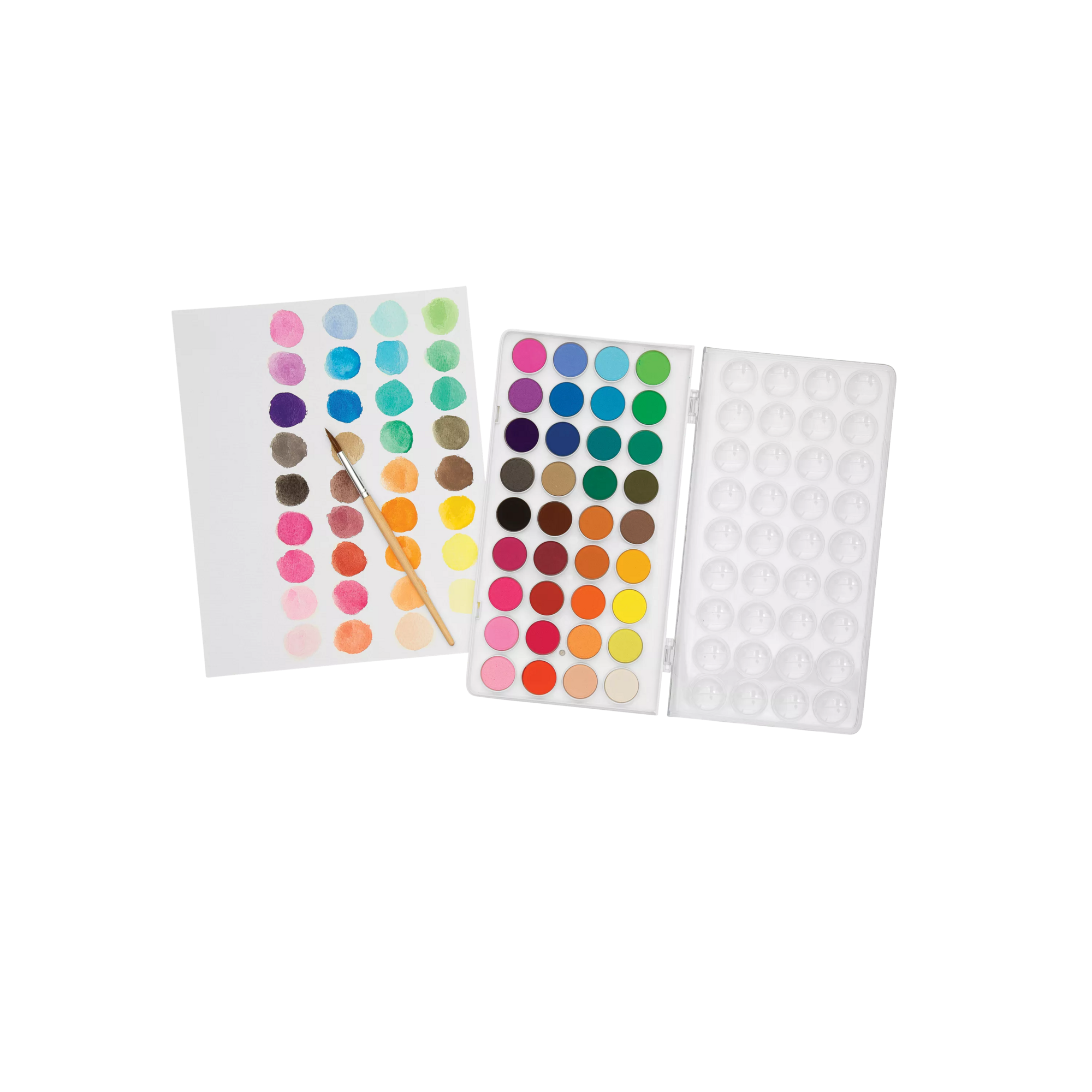 Open set of OOLY Lil' Watercolor Paint Pods and painted watercolor swatches