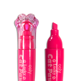 Close up of capped and uncapped pink OOLY Lucky Cat Paw Scented Neon Highlighters on a white background