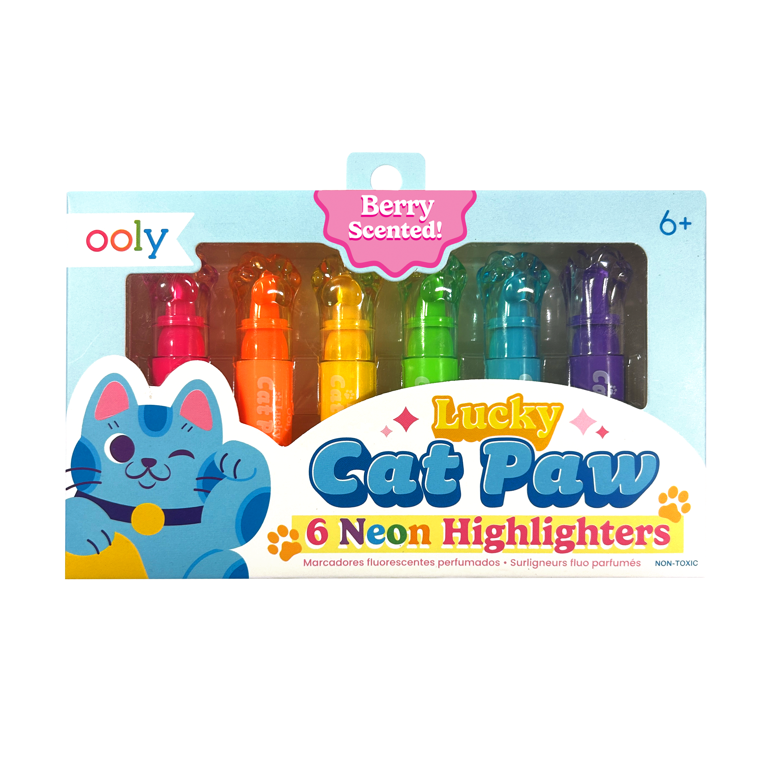 Front packaging of OOLY Lucky Cat Paw Scented Neon Highlighters on a white background