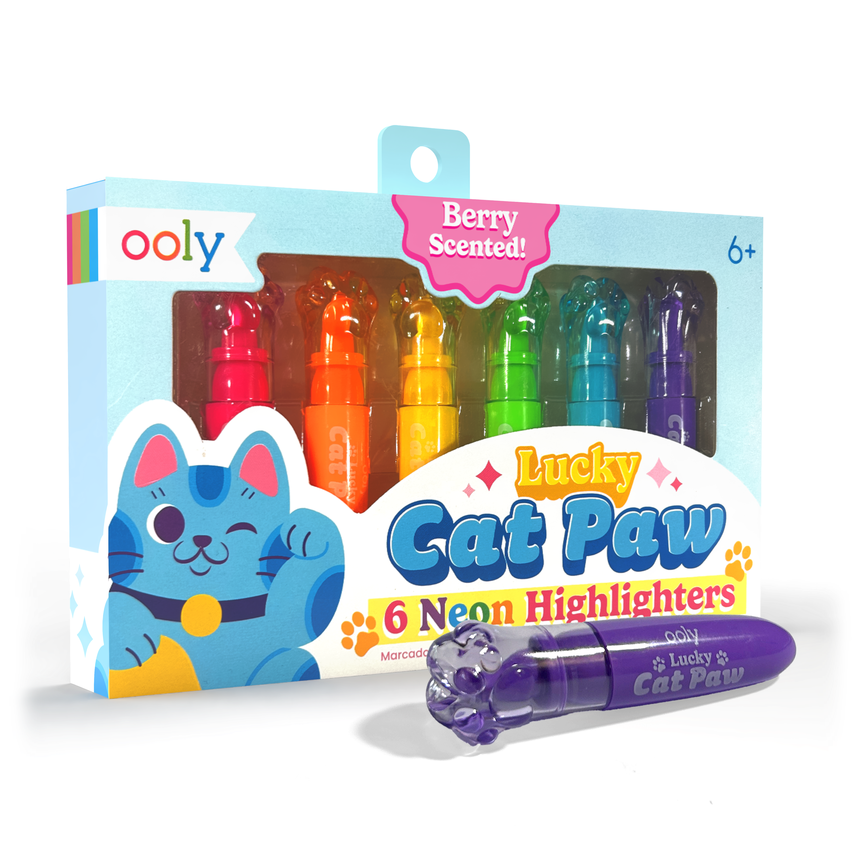 Quarter angle of packaging of OOLY Lucky Cat Paw Scented Neon Highlighters on a white background