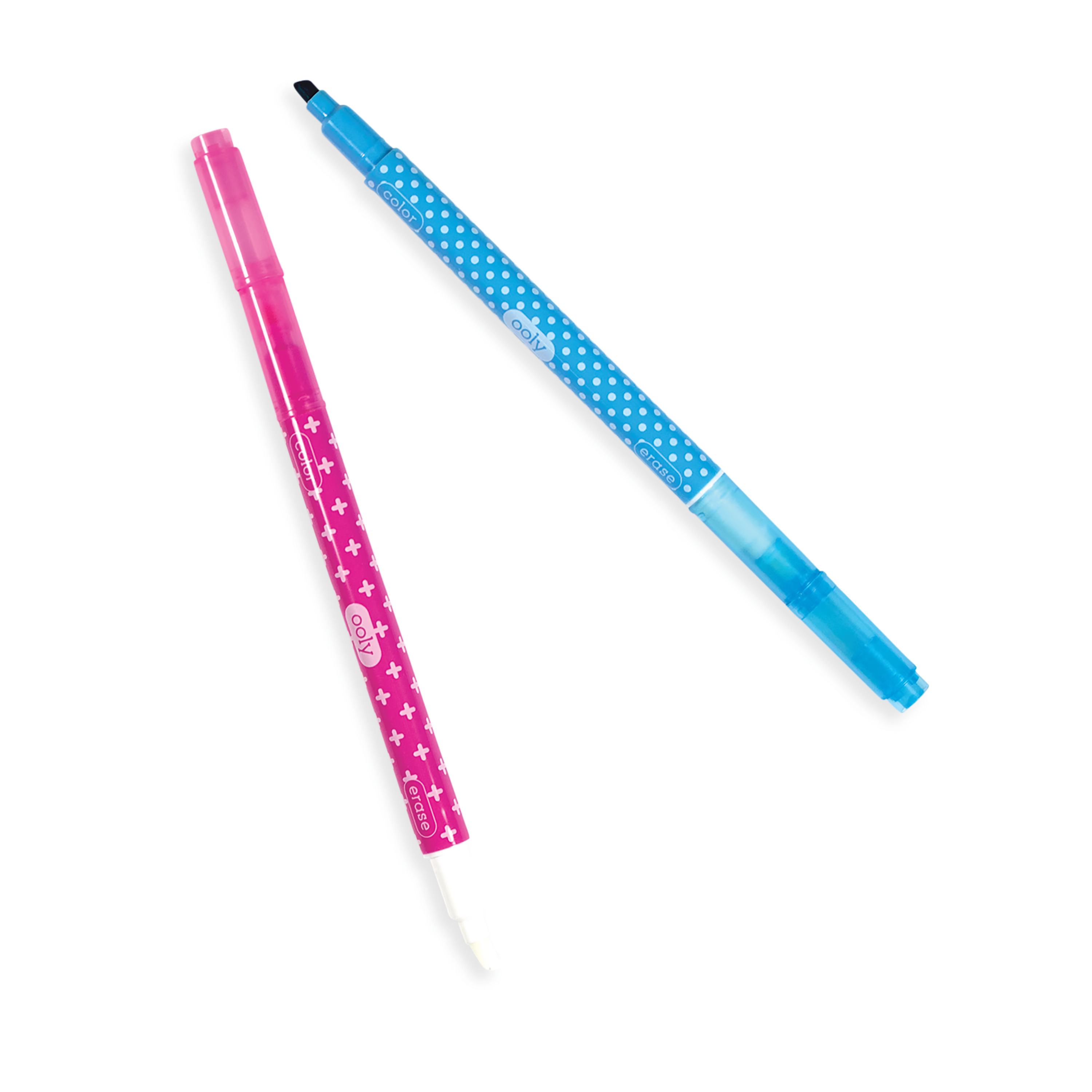 Two markers, blue and pink from an OOLY Make No Mistake Erasable Markers set