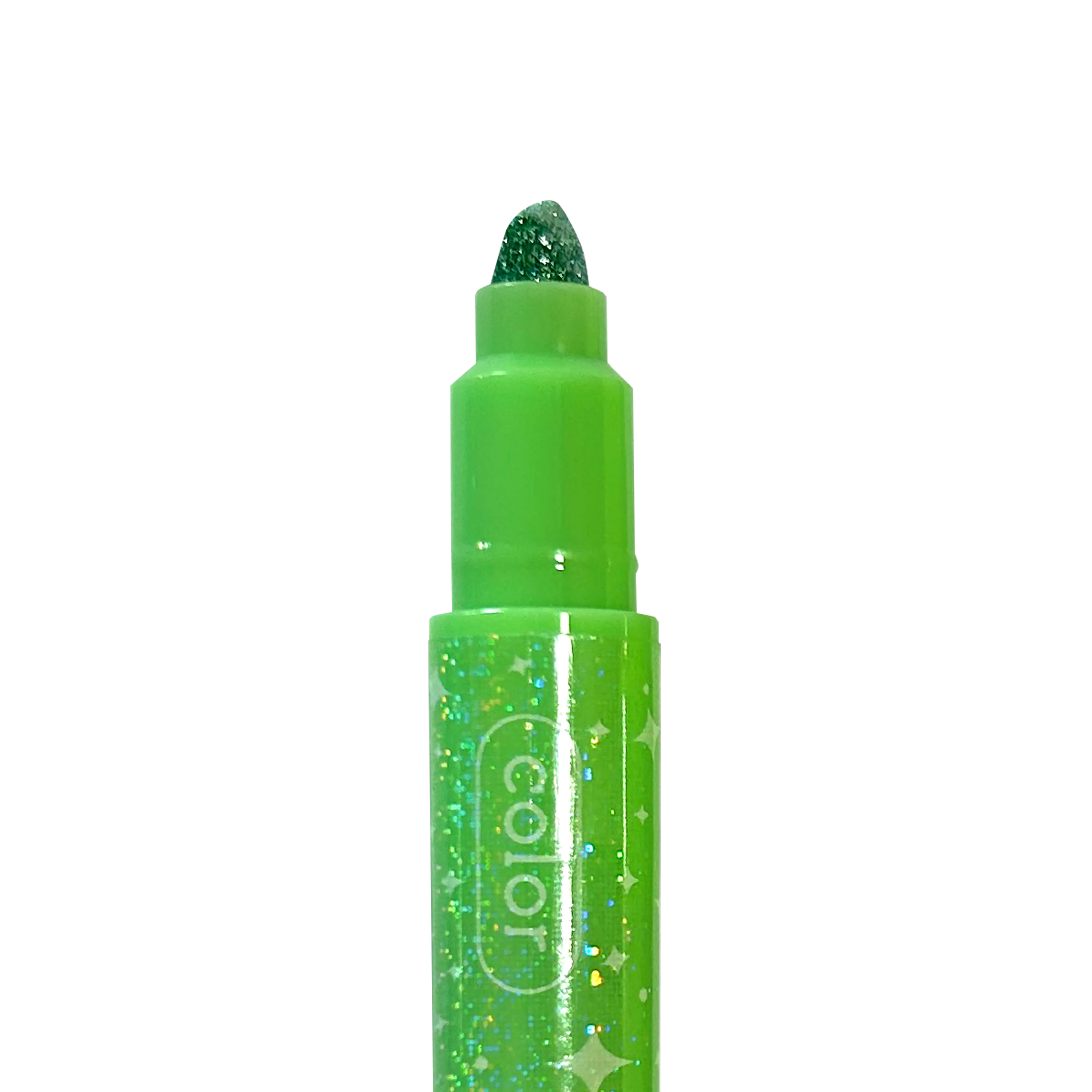 Close up of tip of green OOLY Make No Mistake! Glittery Erasable Markers on a white background