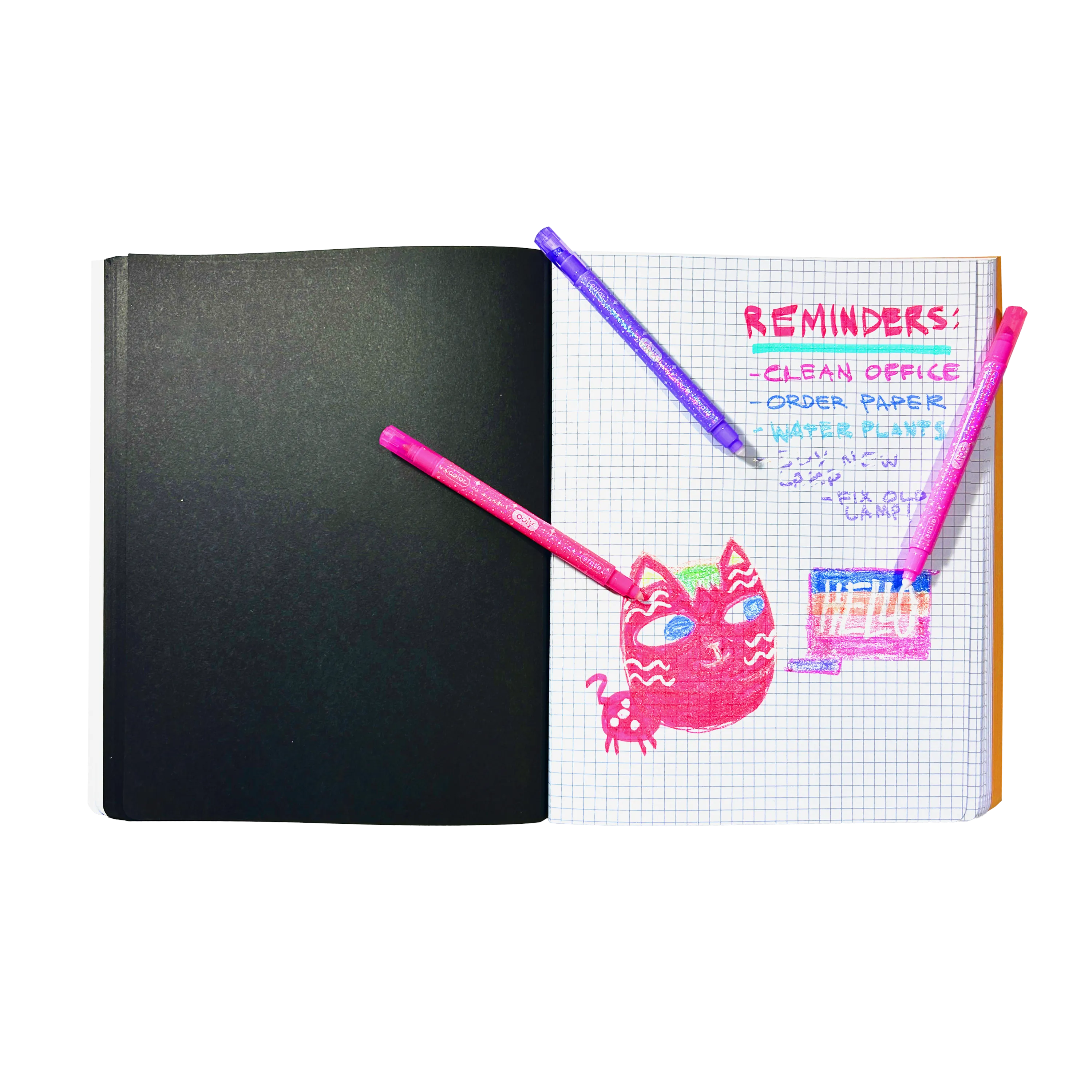 Graph paper sketchbook with to-do list and artsy cat made with OOLY Make No Mistake! Glittery Erasable Markers on a white background