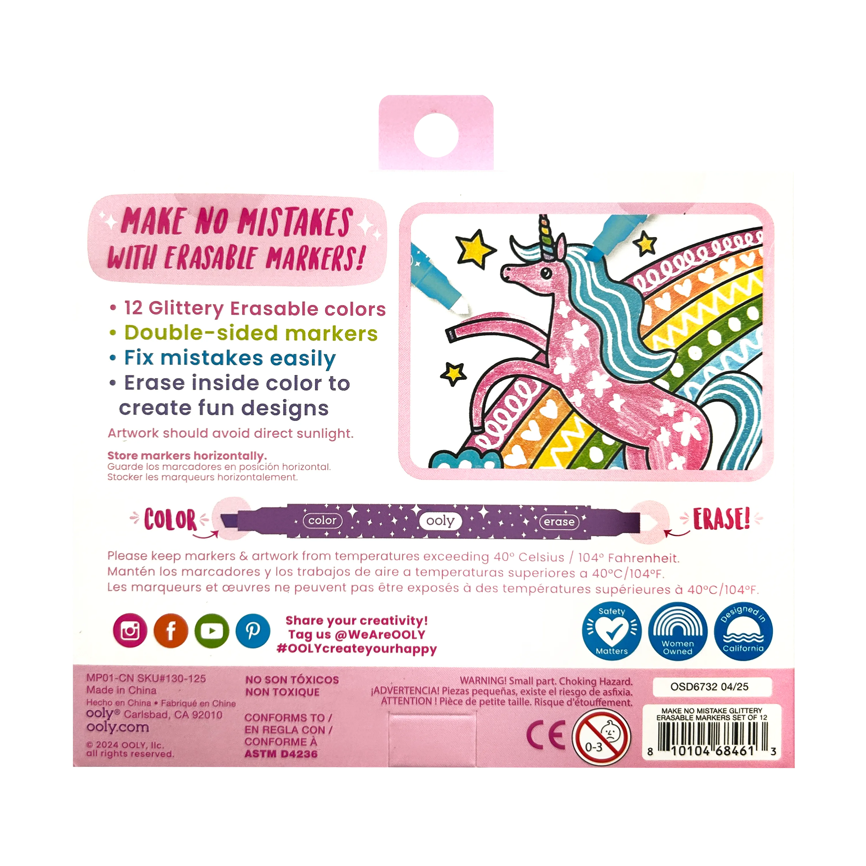 Back of packaging of OOLY Make No Mistake! Glittery Erasable Markers on a white background