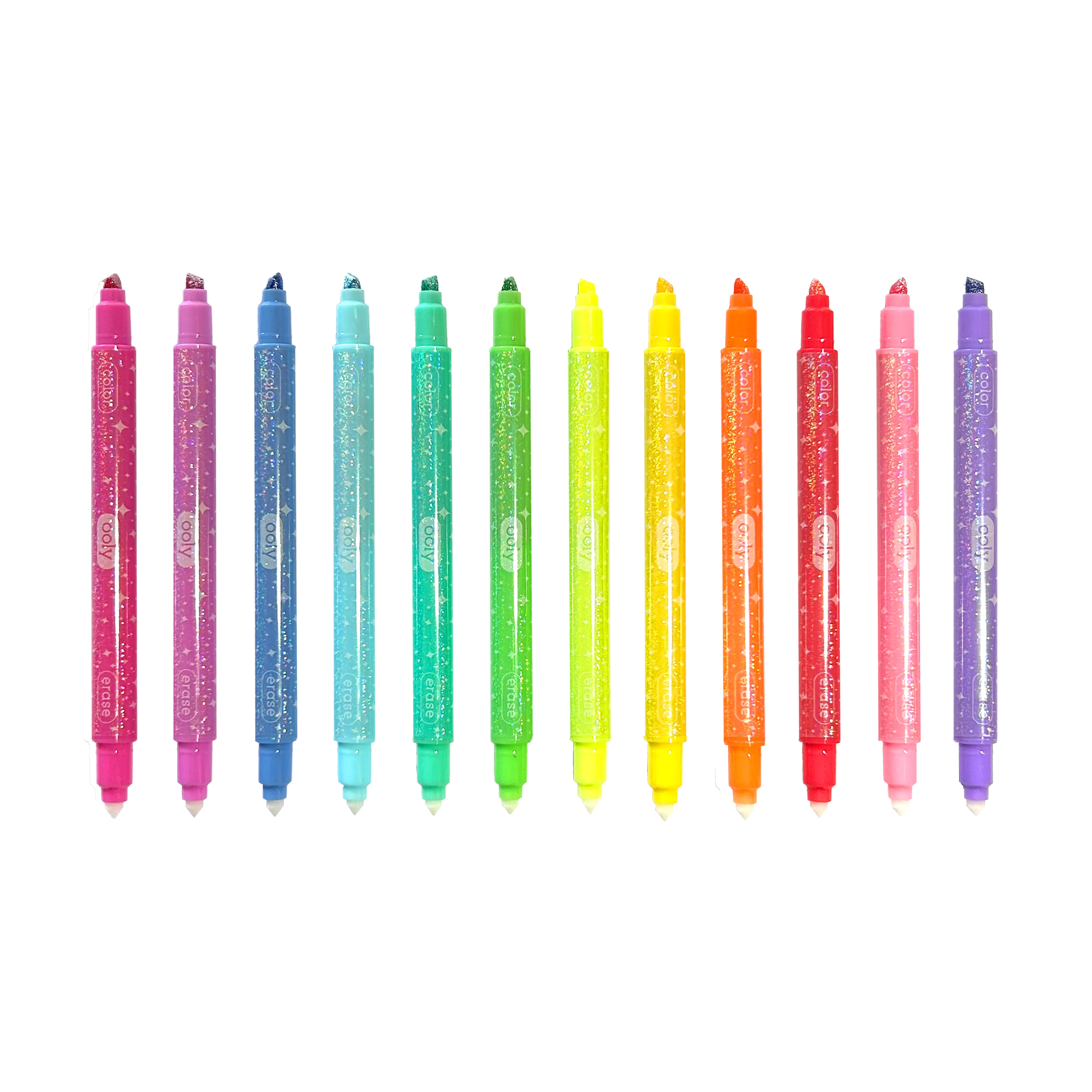 Row of uncapped OOLY Make No Mistake! Glittery Erasable Markers on a white background