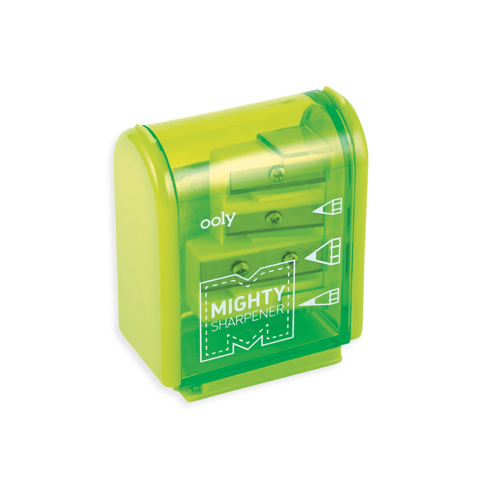 Green OOLY Mighty pencil sharpener with 3 hole sharpeners