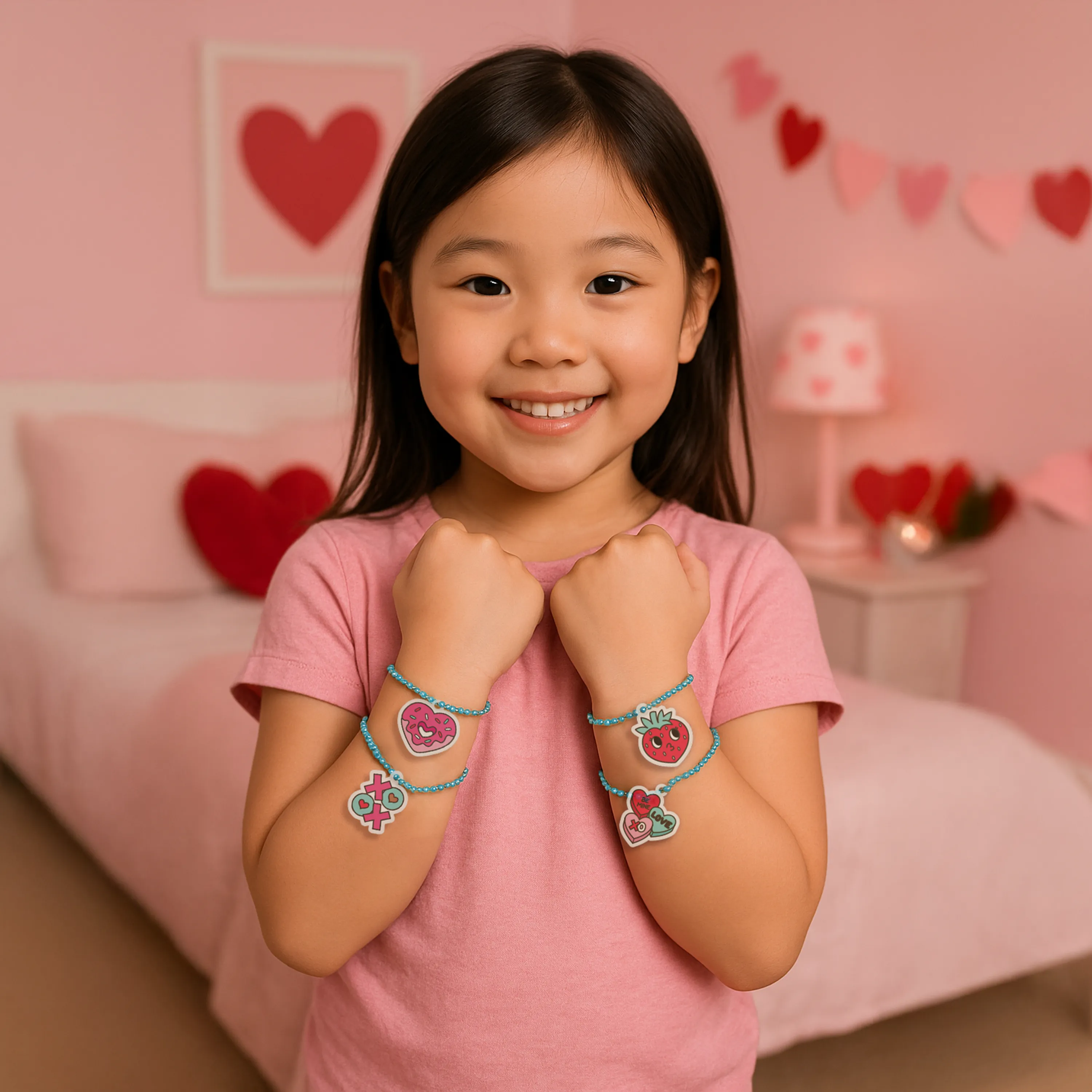 Girl holding up arms showing colored heart bracelets from OOLY Mini Shrink-Its! DIY Shrink Art Kit - Hugs & Kisses