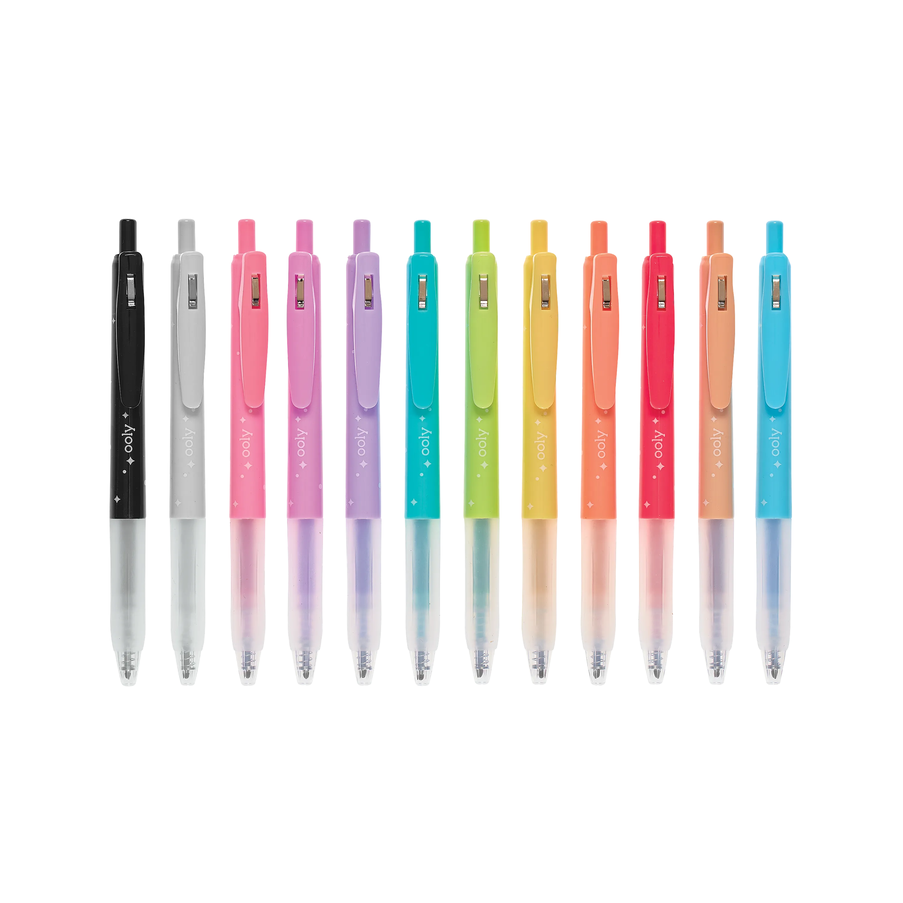 Row of all 12 OOLY Oh My Glitter! Retractable Gel Pens