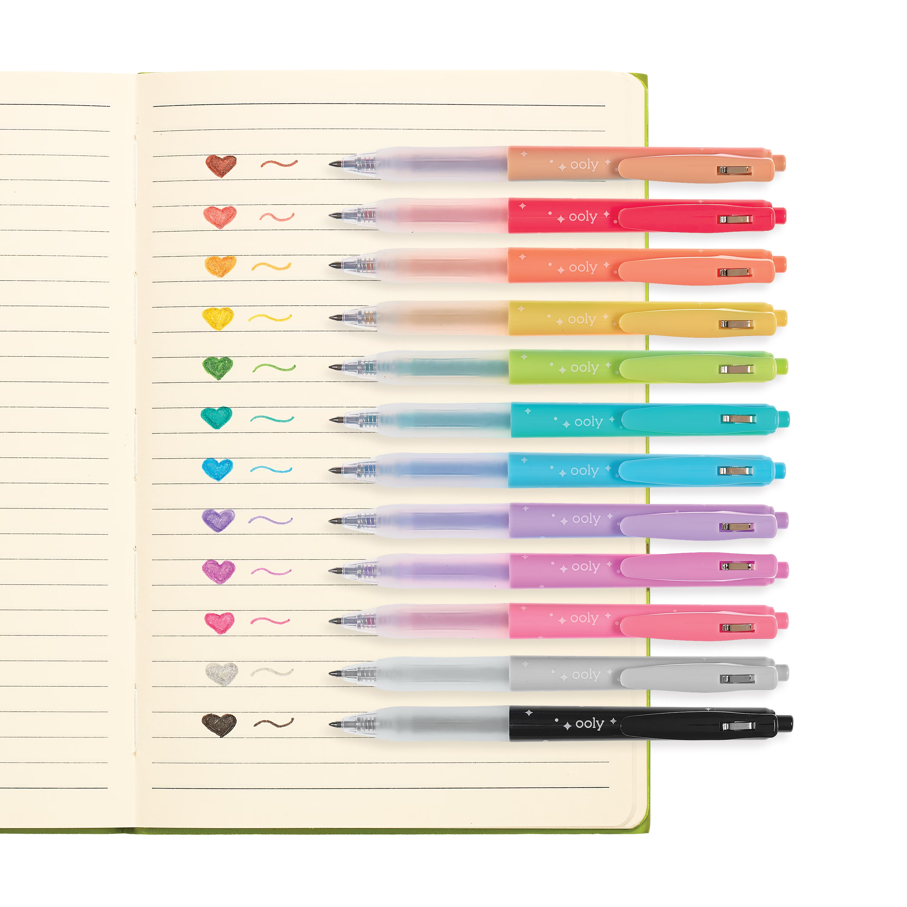 Notepad with colored heart swatches with all 12 corresponding colored gel pens from OOLY Oh My Glitter! Retractable Gel Pens set