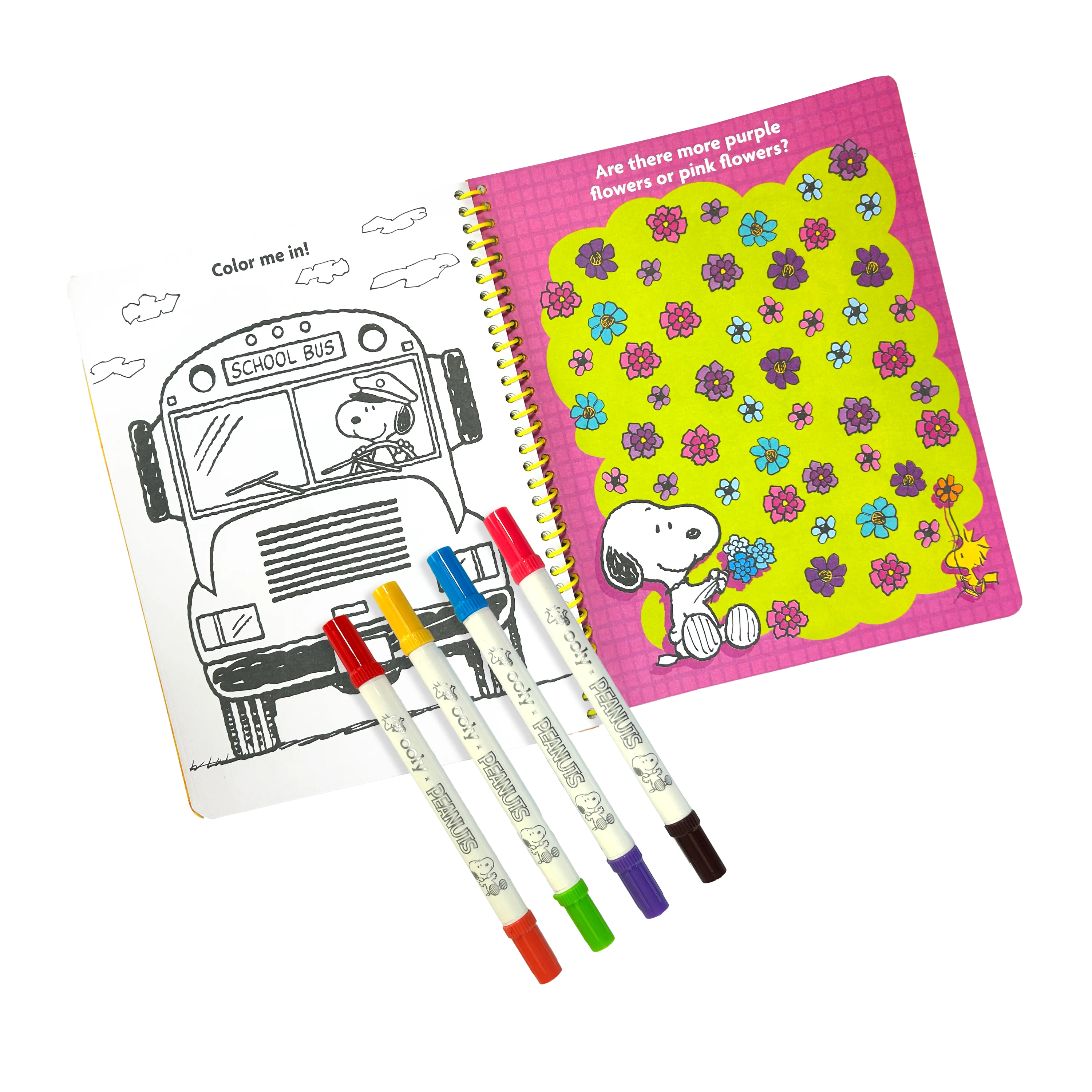 Opened activity book with coloring page and 4 markers from the OOLY x Peanuts Activity Travel Kit & Double-Ended Markers set