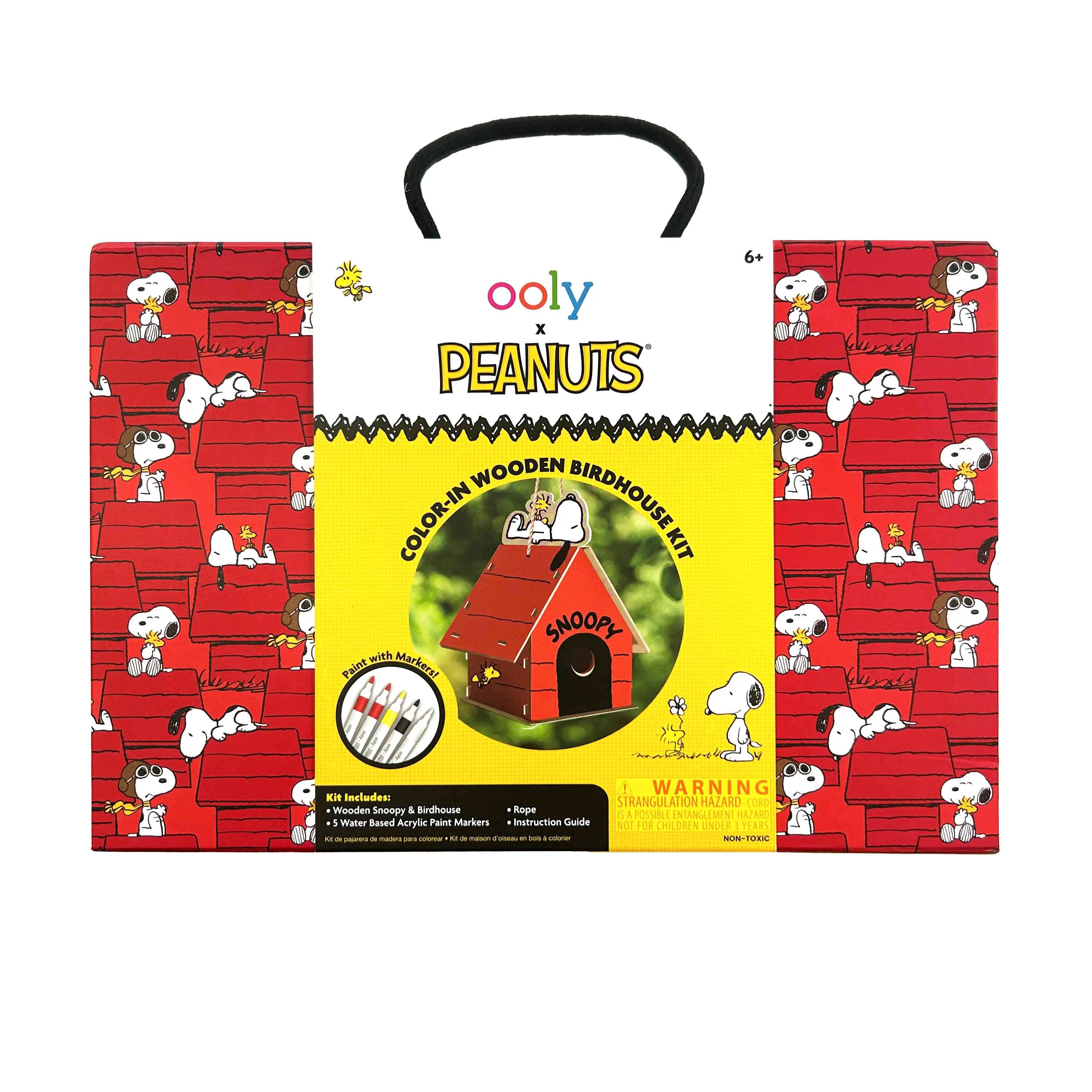 Front package of OOLY x Peanuts Color-in Wooden Birdhouse Kit