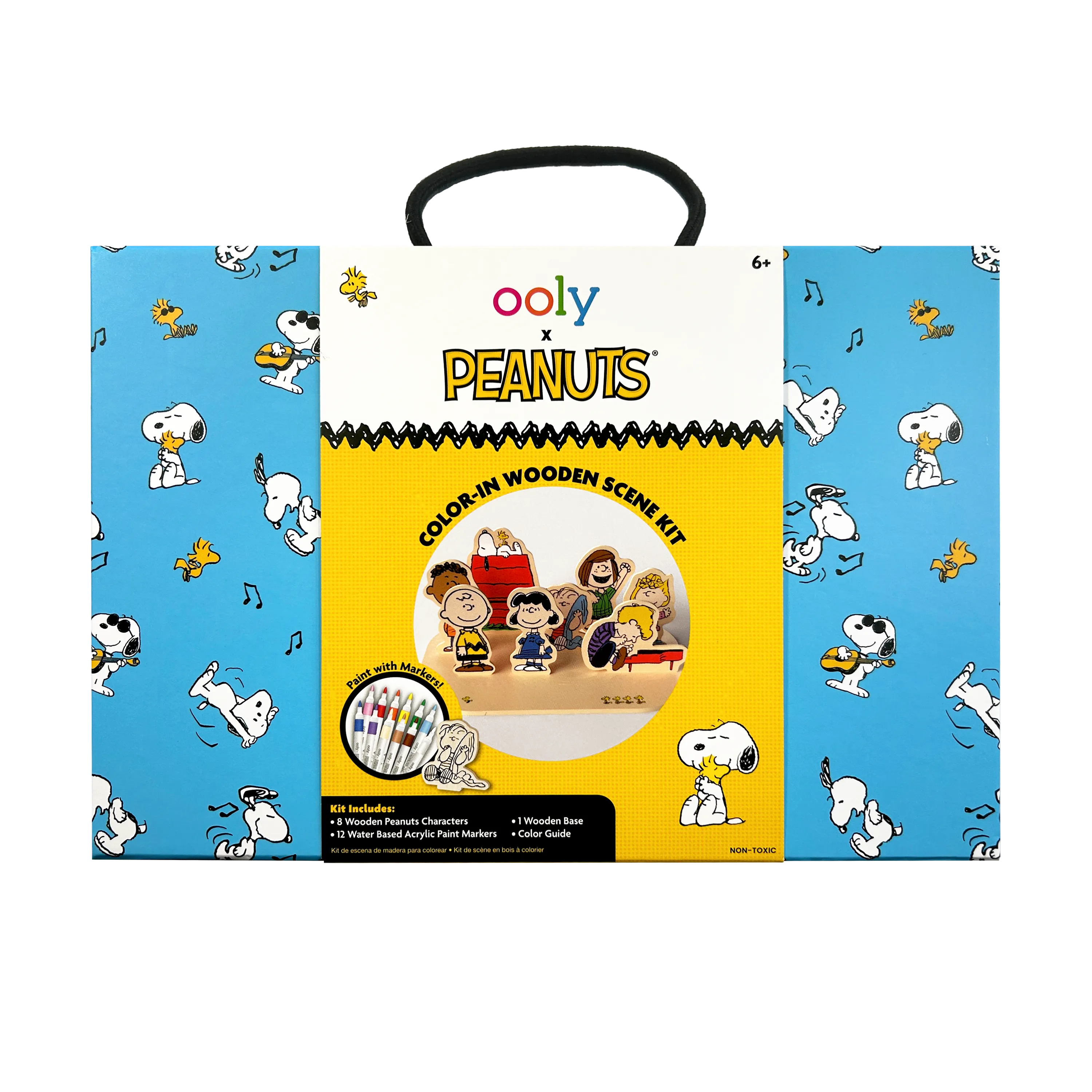 Front of packaging of OOLY x Peanuts Color-In Wooden Scene Kit