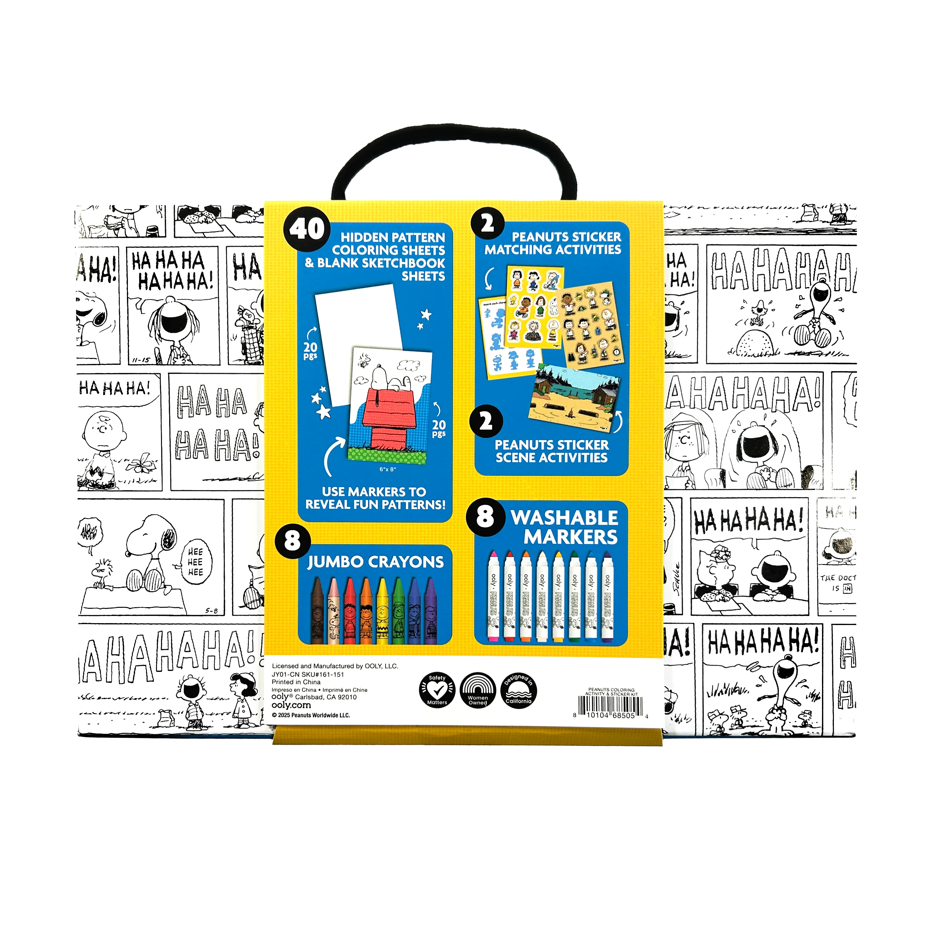 Back of packaging from the OOLY x Peanuts Coloring Activity & Sticker Kit