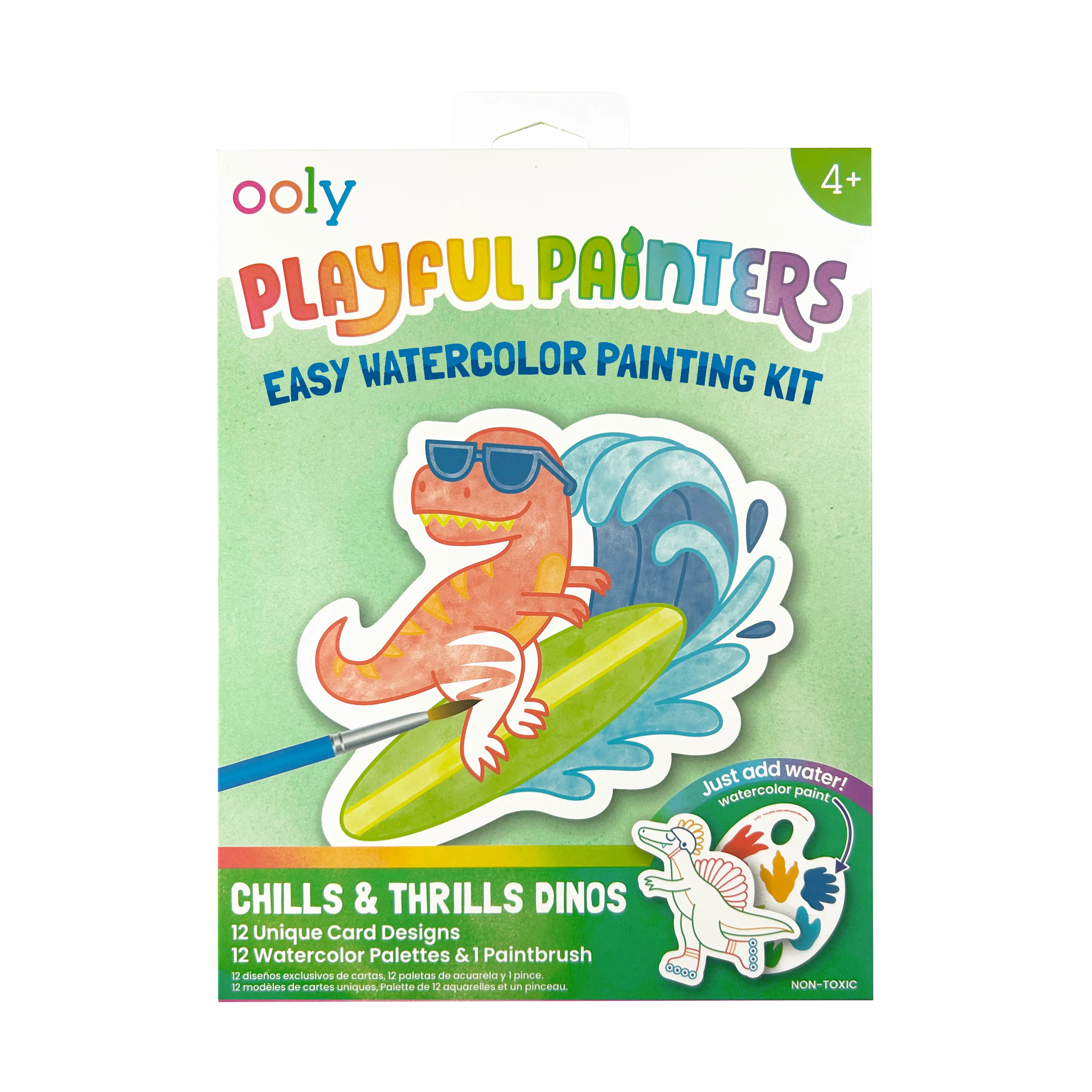 Front packaging of OOLY Chills and Thrills Dinos Playful Painters Easy Watercolor Painting Kit on white background
