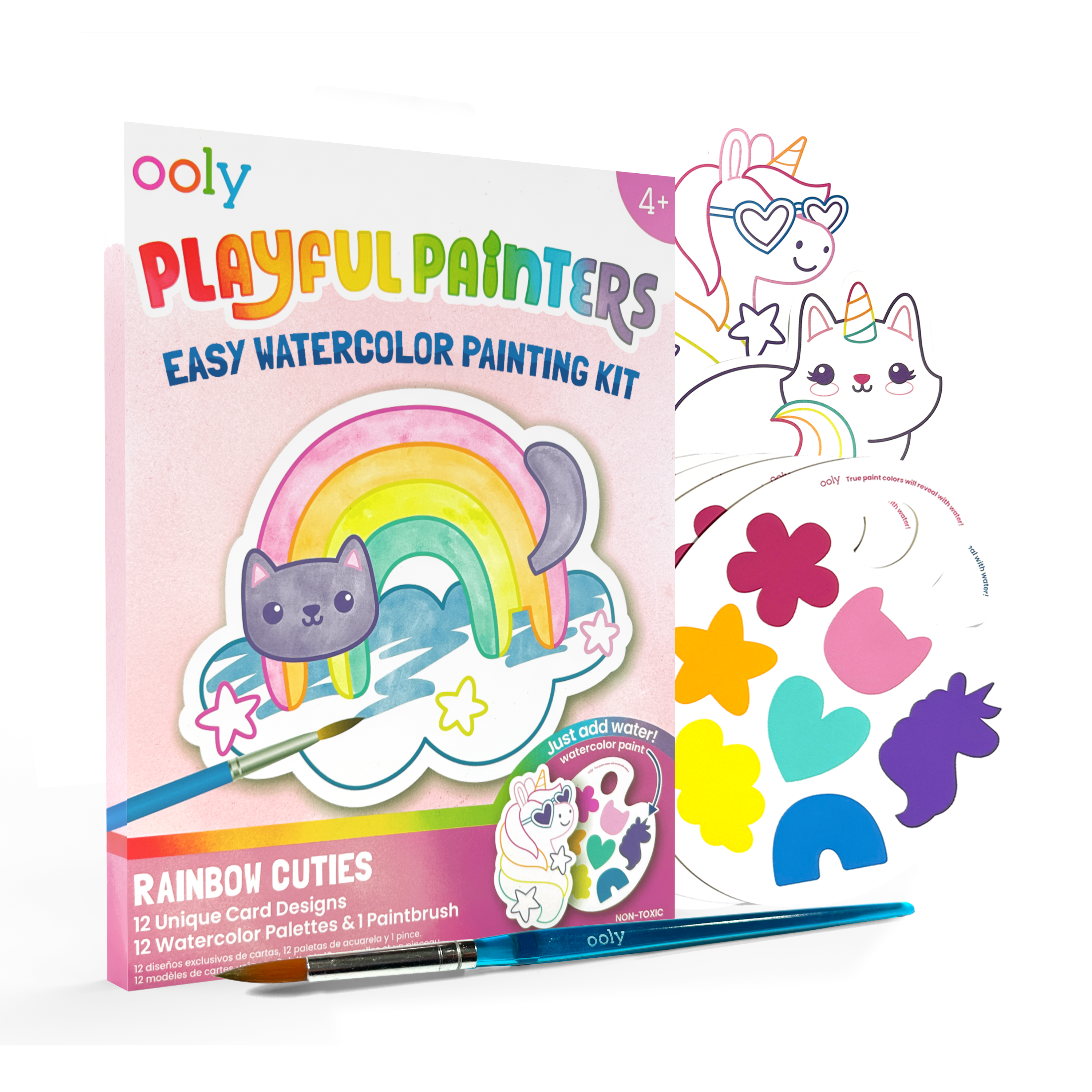 Quarter angle of OOLY Rainbow Cuties Playful Painters Easy Watercolor Painting Kit on a white background