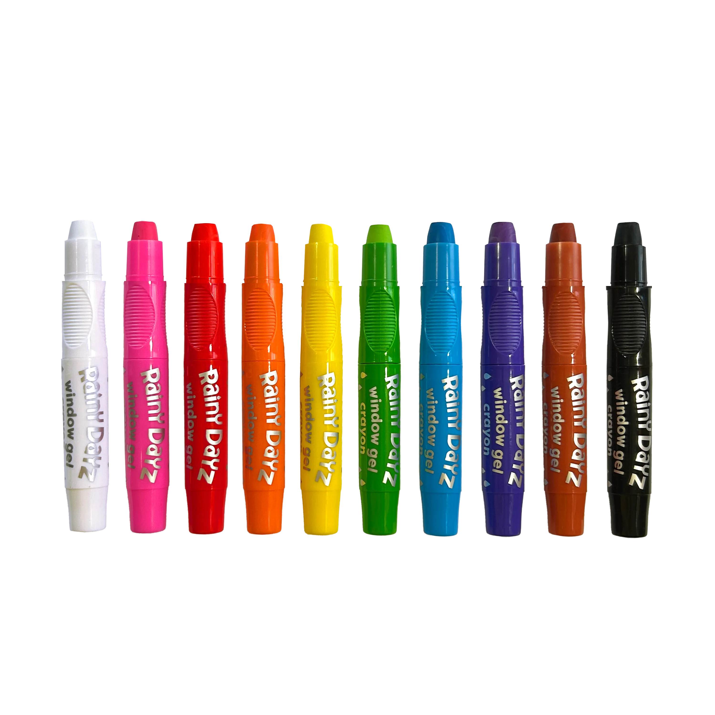 Row of uncapped OOLY Rainy Dayz Window Gel Crayons on a white background