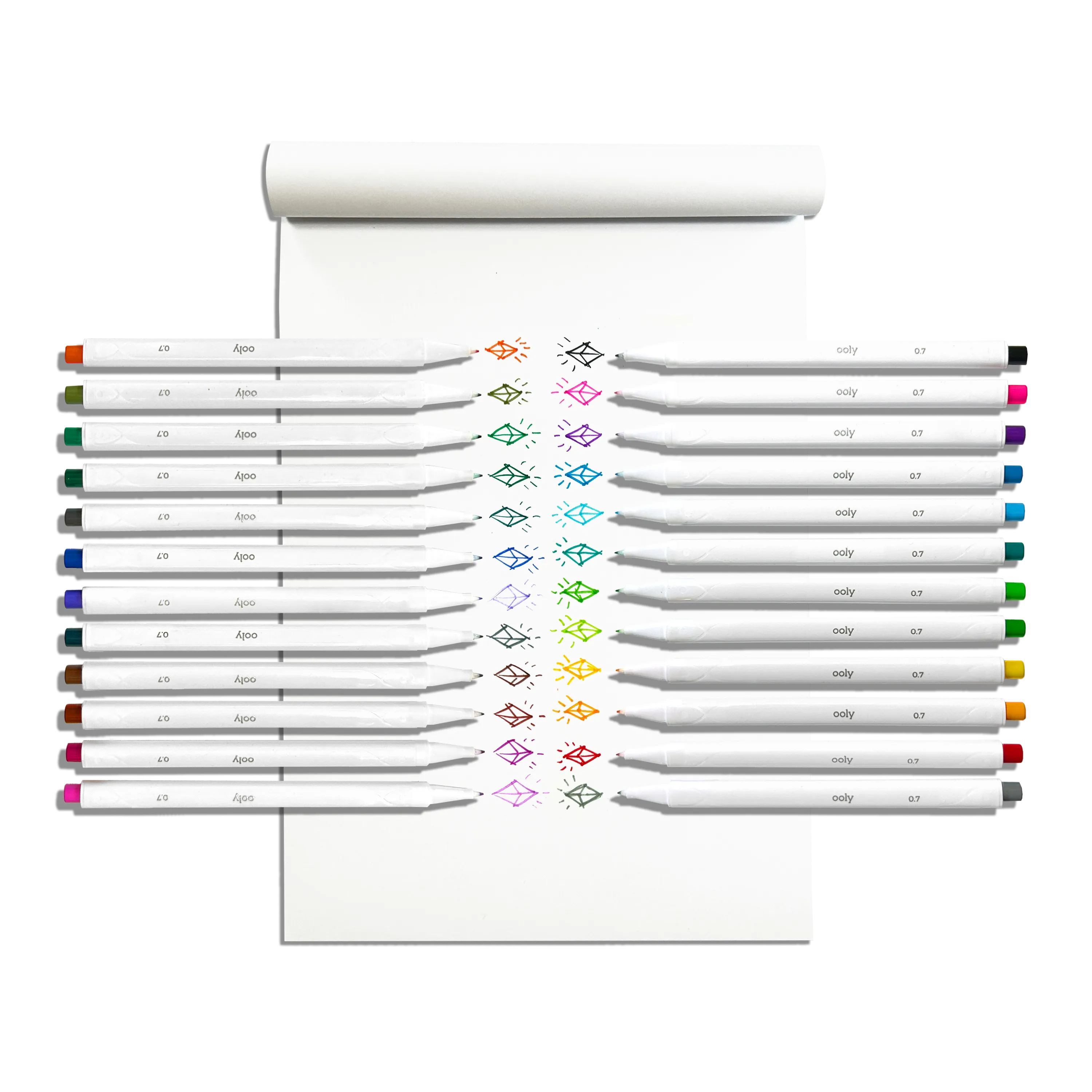 Row of markers with colored diamond swatches on a white pad made with a set of OOLY Seriously Fine Tip Markers