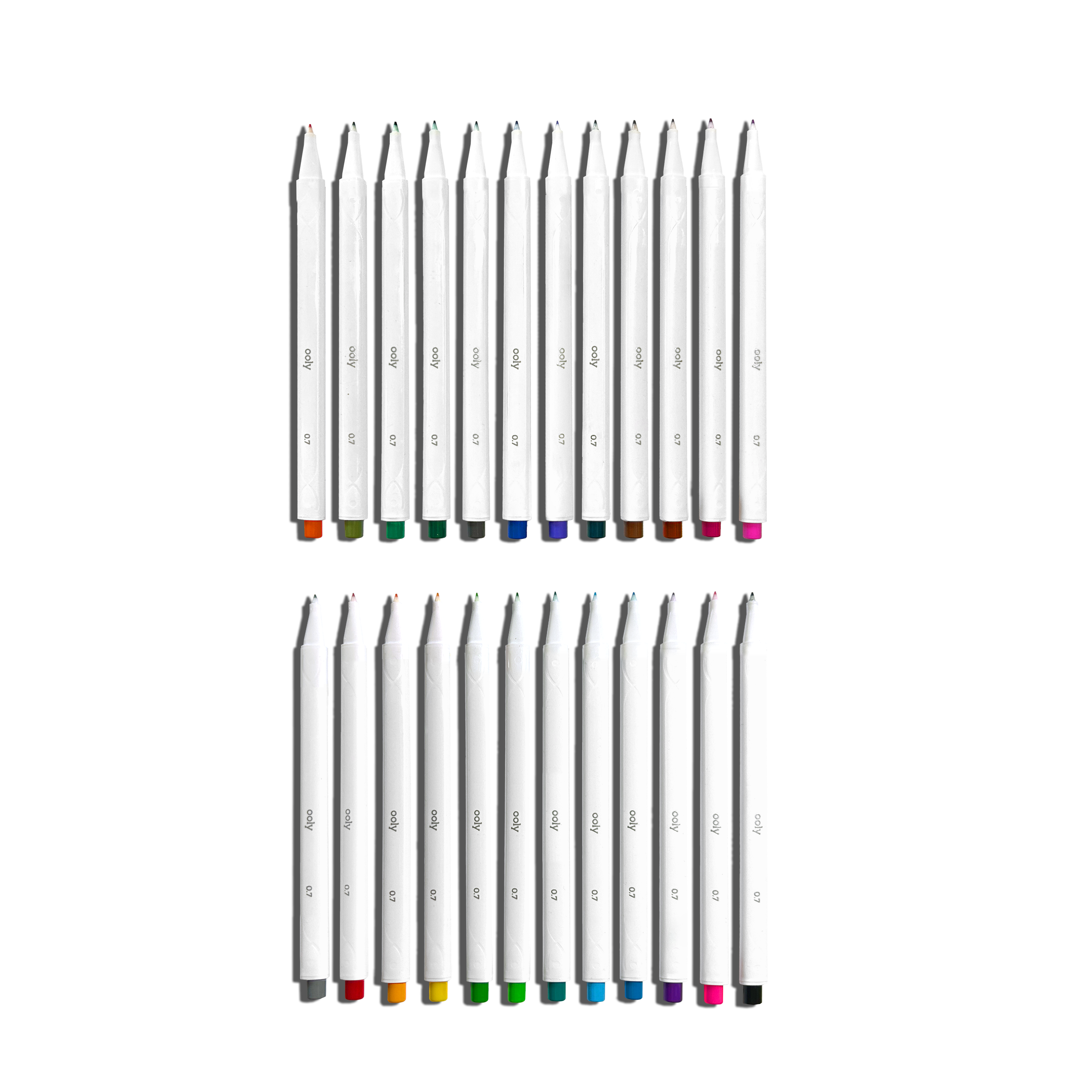 Row of uncapped markers from a set of OOLY Seriously Fine Tip Markers
