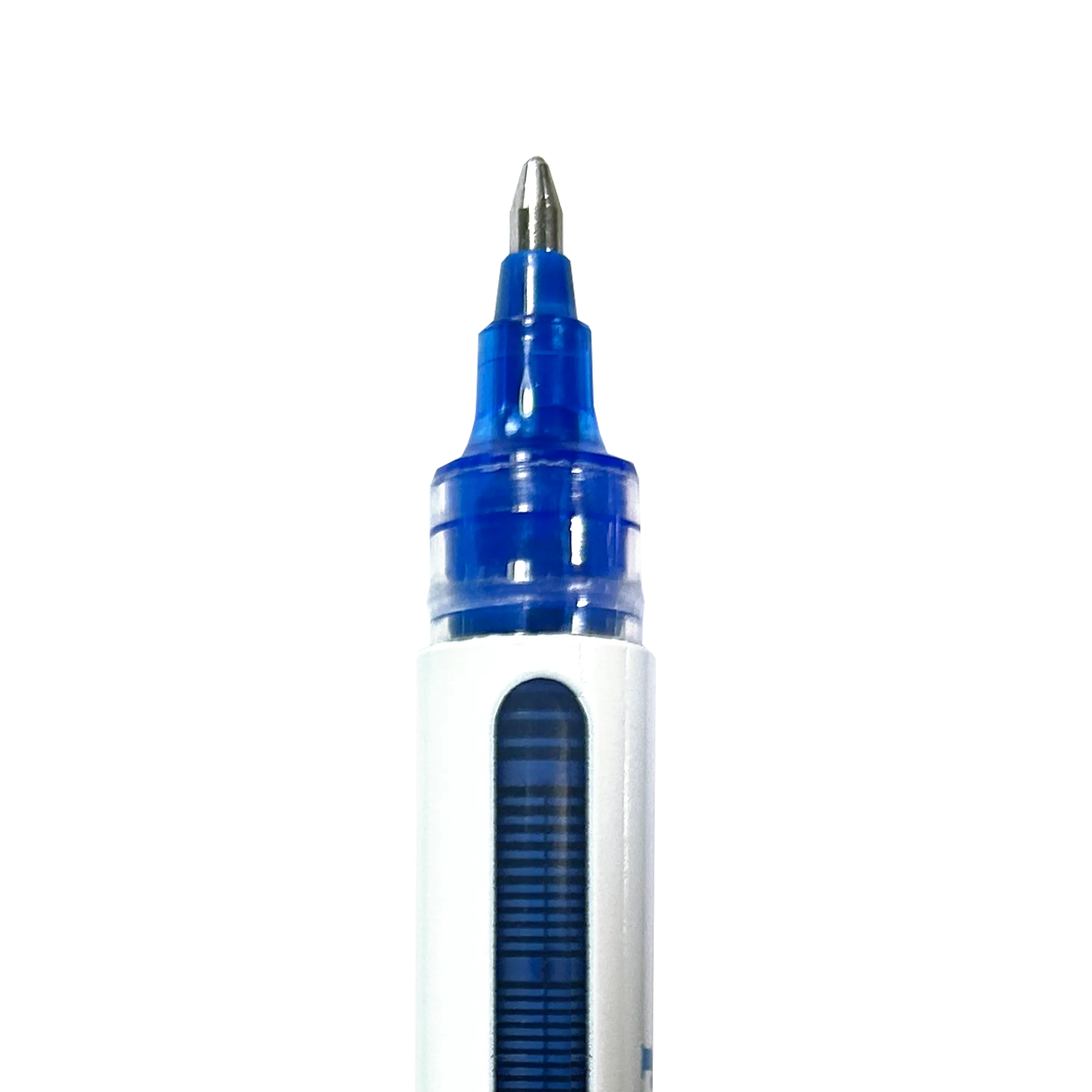 Close up of a blue, uncapped OOLY Seriously Smooth Rollerball Gel Pens on a white background