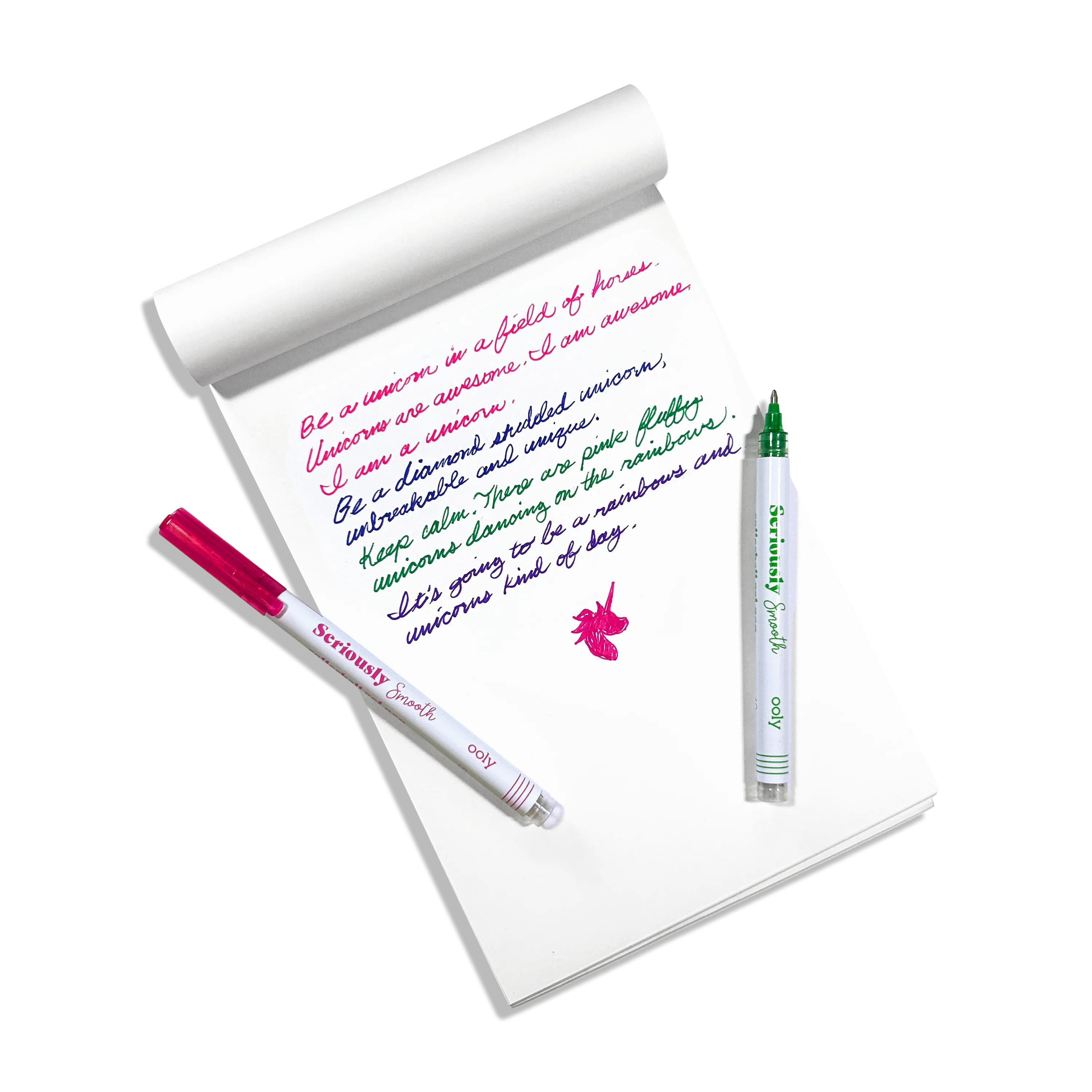 Written, colored notes with a pink and green OOLY Seriously Smooth Rollerball Gel Pens on a white paper sketchbook