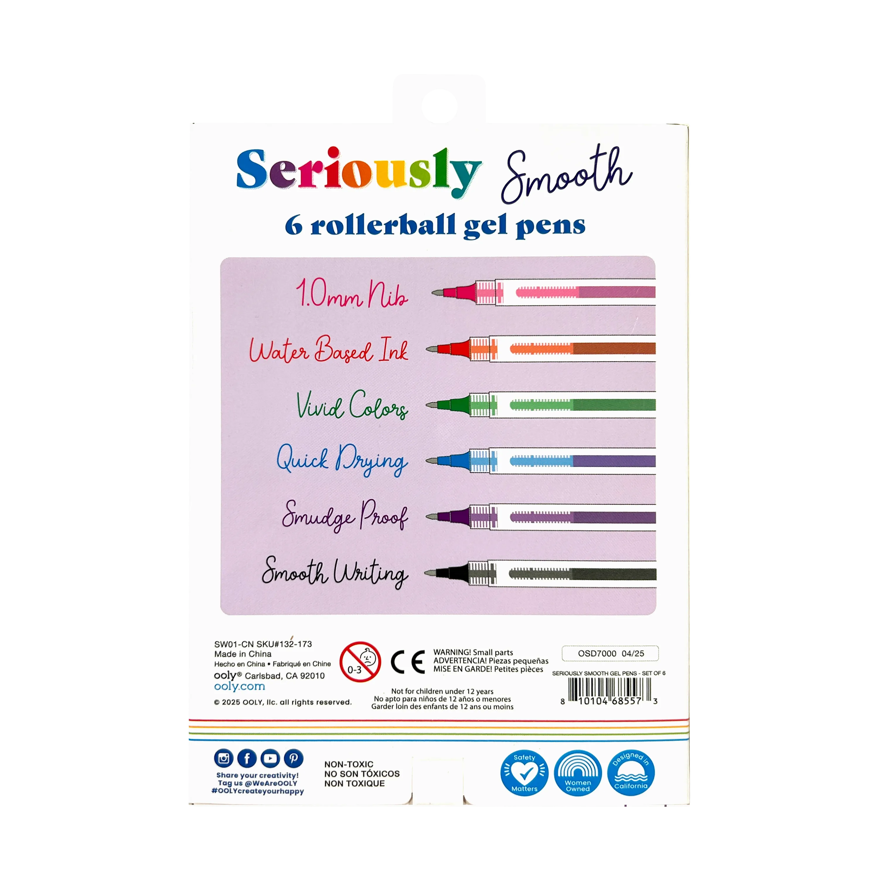 Back of packaging of OOLY Seriously Smooth Rollerball Gel Pens on a white background