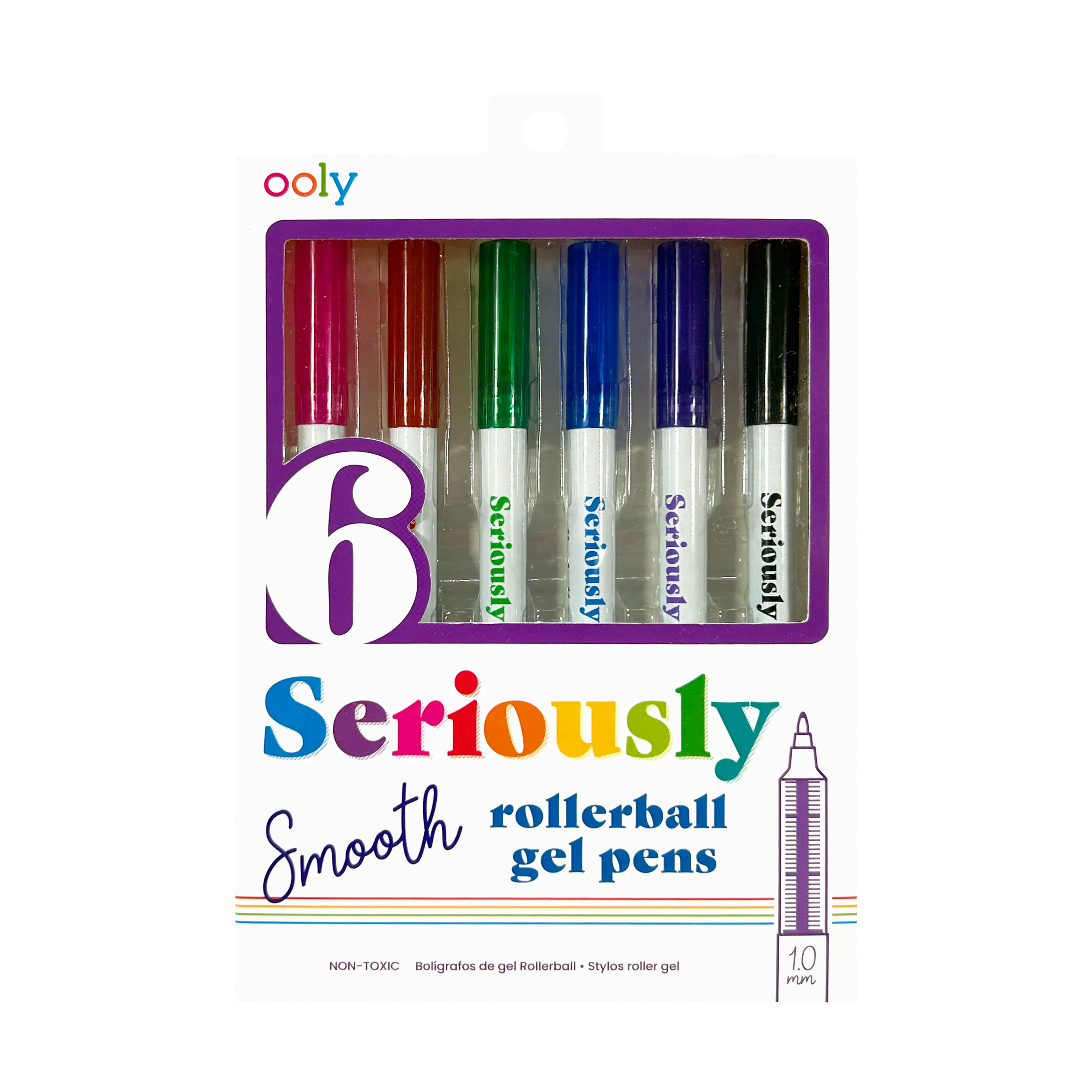 Front packaging of OOLY Seriously Smooth Rollerball Gel Pens on a white background