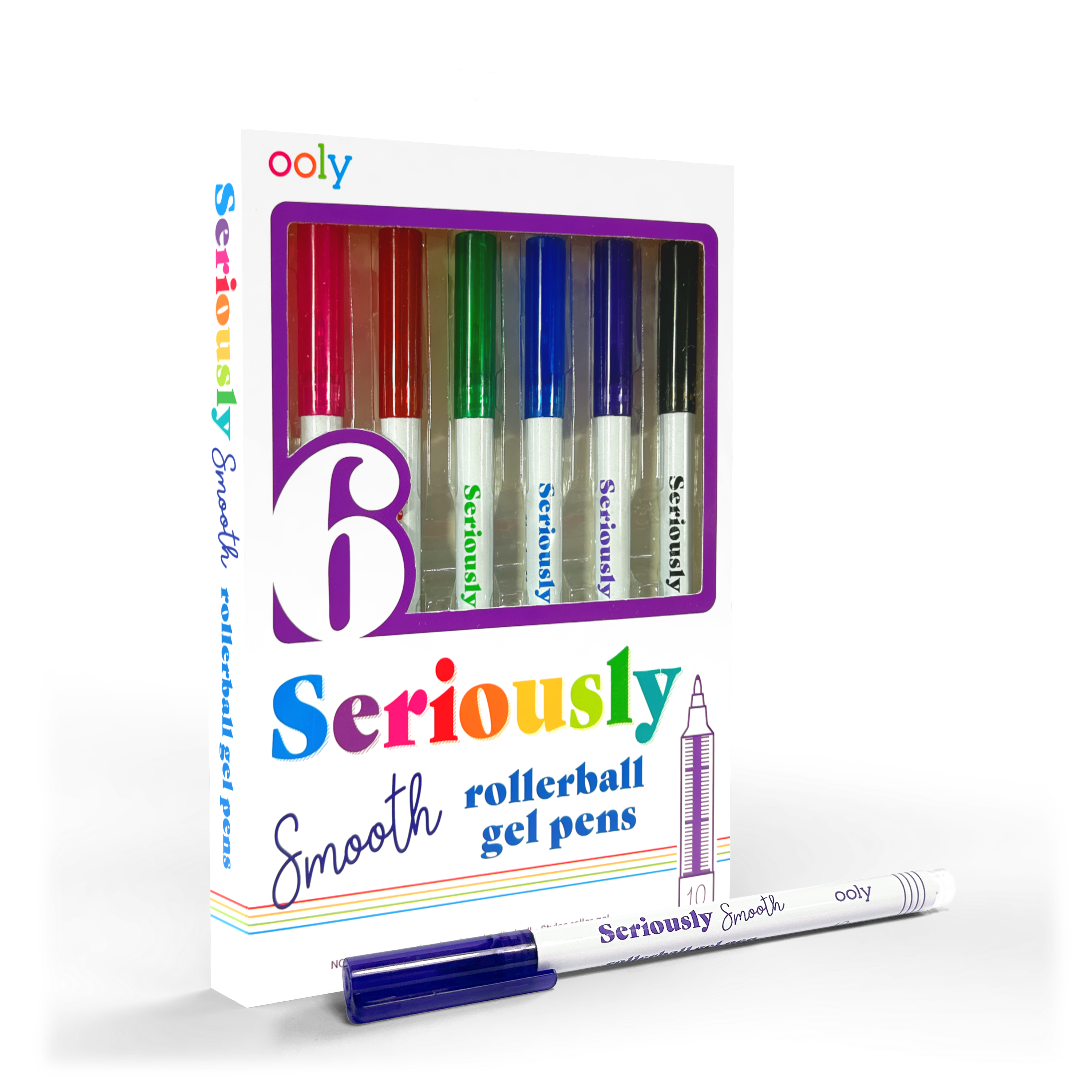 Quarter angle of packaging of OOLY Seriously Smooth Rollerball Gel Pens on a white background