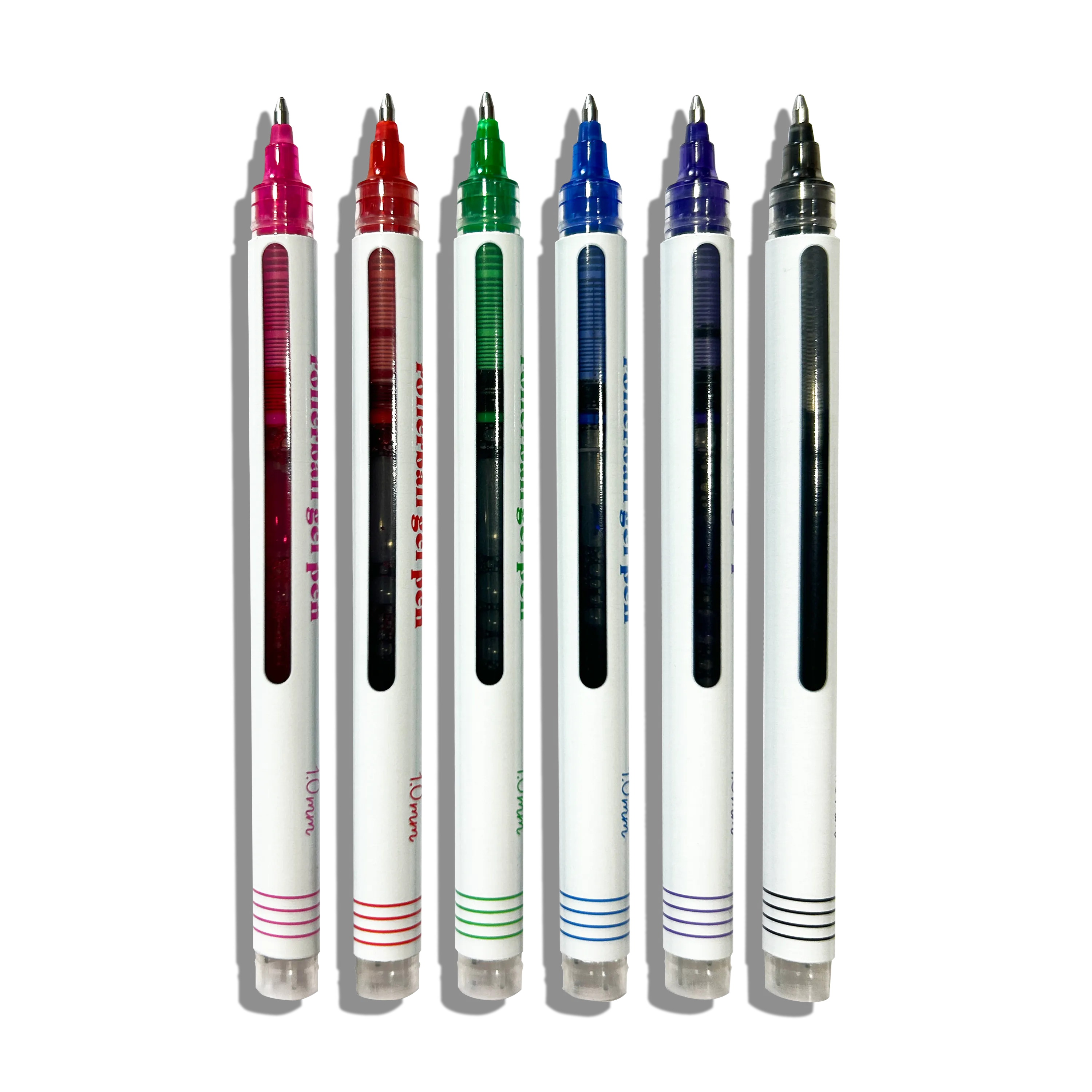 Row of uncapped OOLY Seriously Smooth Rollerball Gel Pens on a white background