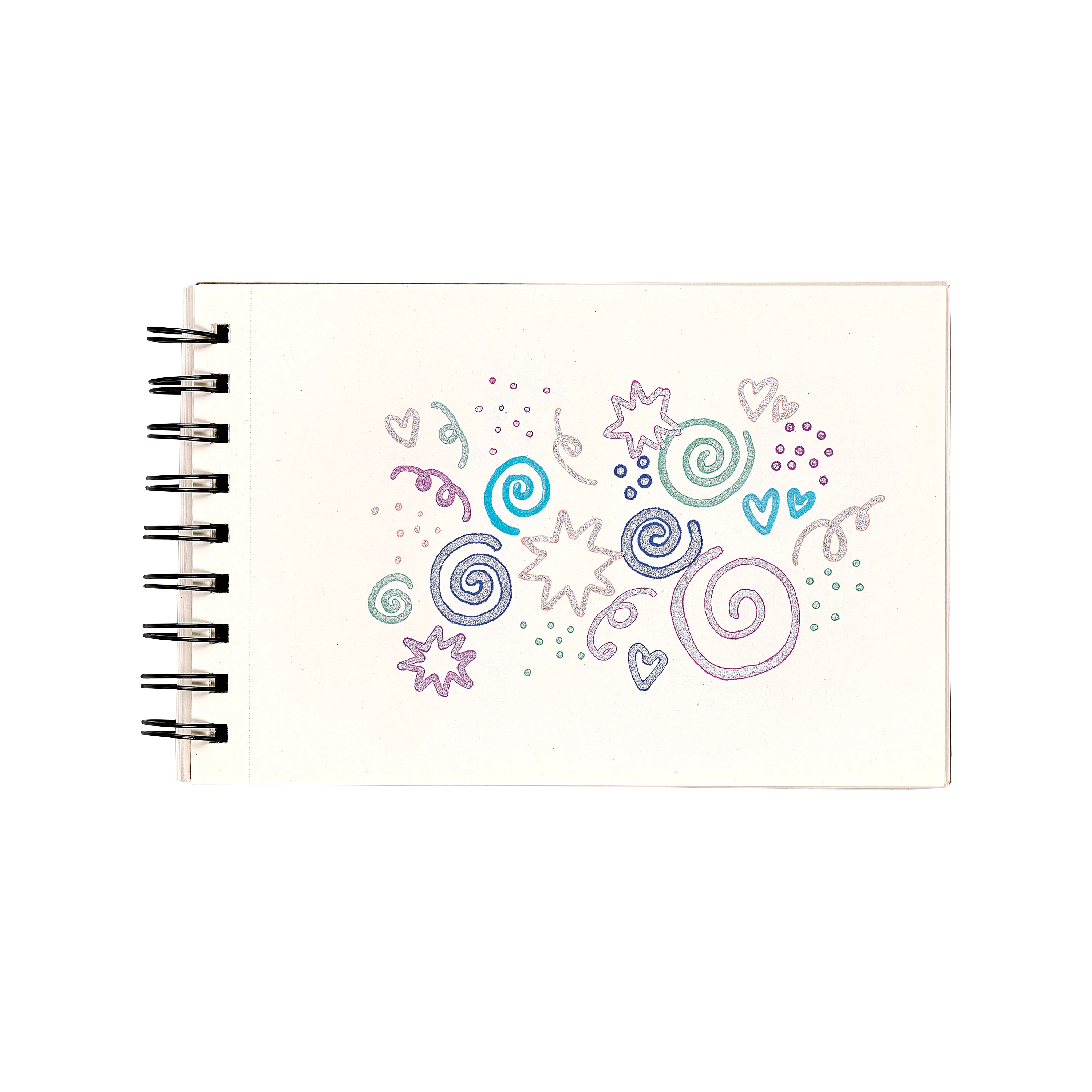 White sketchbook with colorful swirls and hearts made with OOLY Silver Linings Outline Markers on a white background