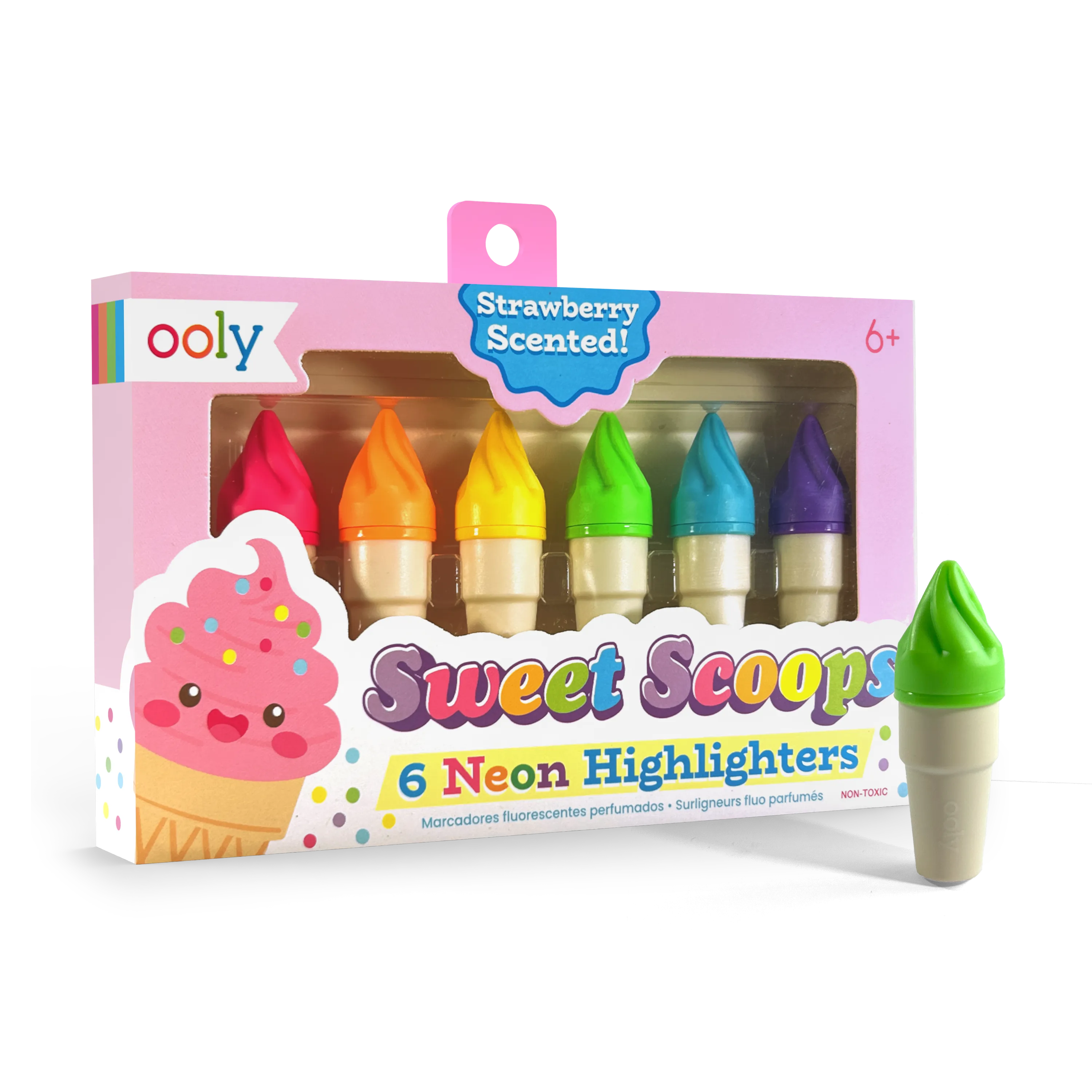 Quarter angle of OOLY Sweet Scoops Scented Neon Highlighters on a white background