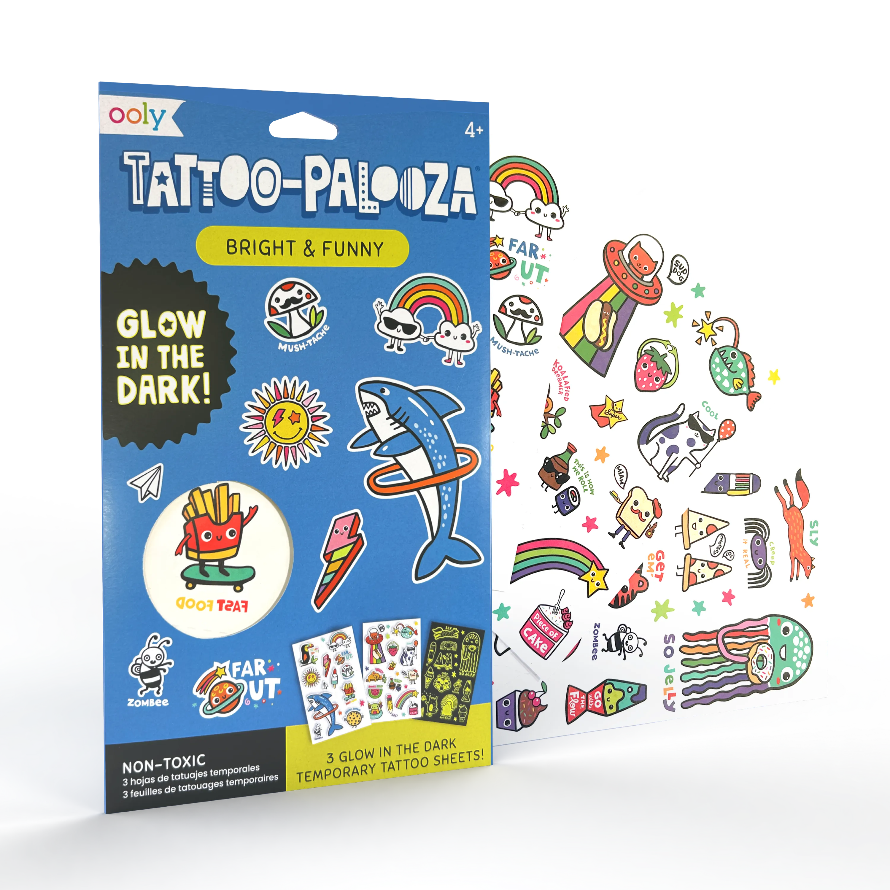 Packaging and tattoo sheets from OOLY Tattoo-Palooza Glow in the Dark Temporary Tattoos - Bright & Funny