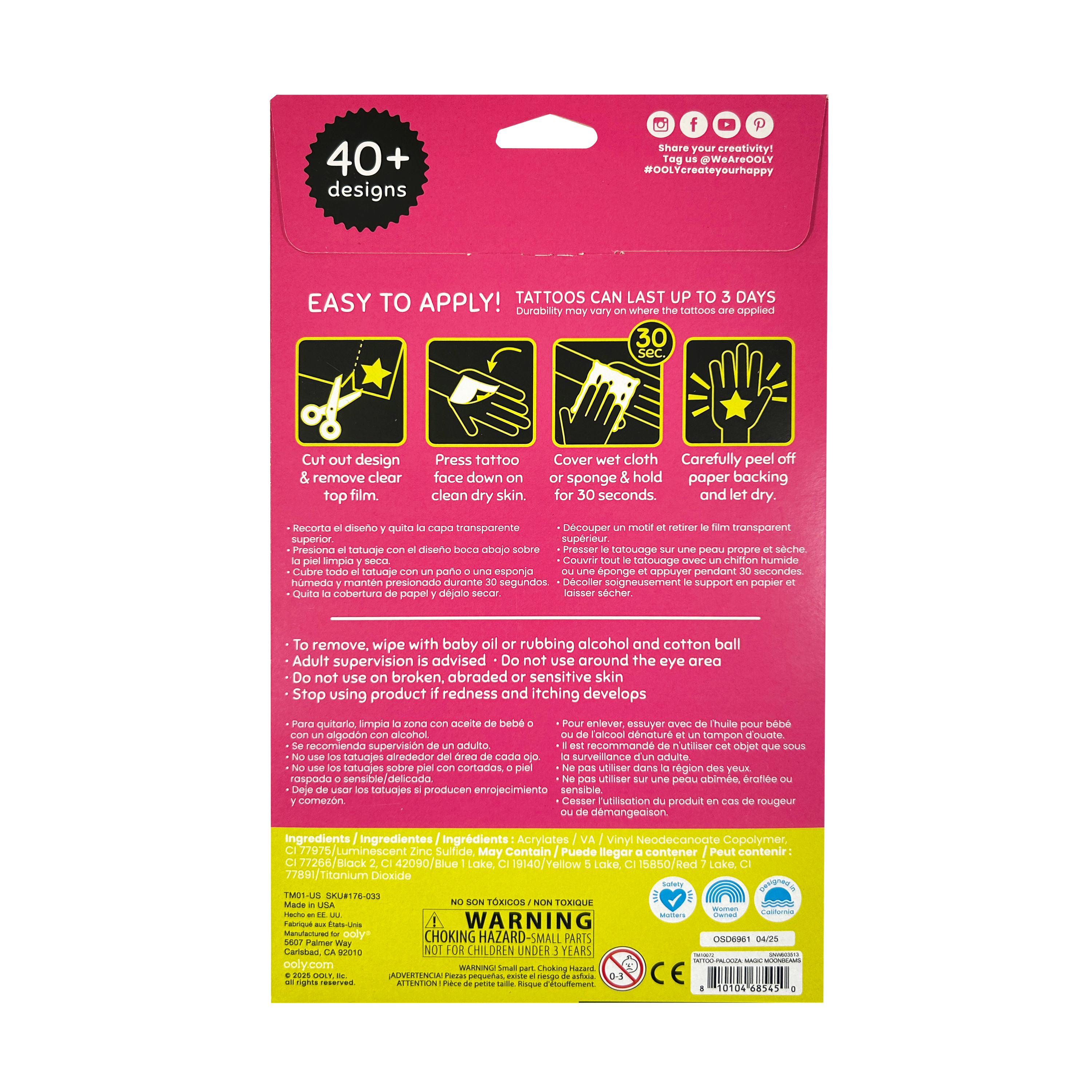 Back of packaging of OOLY Tattoo-Palooza Glow in the Dark Temporary Tattoos - Magic Moonbeams