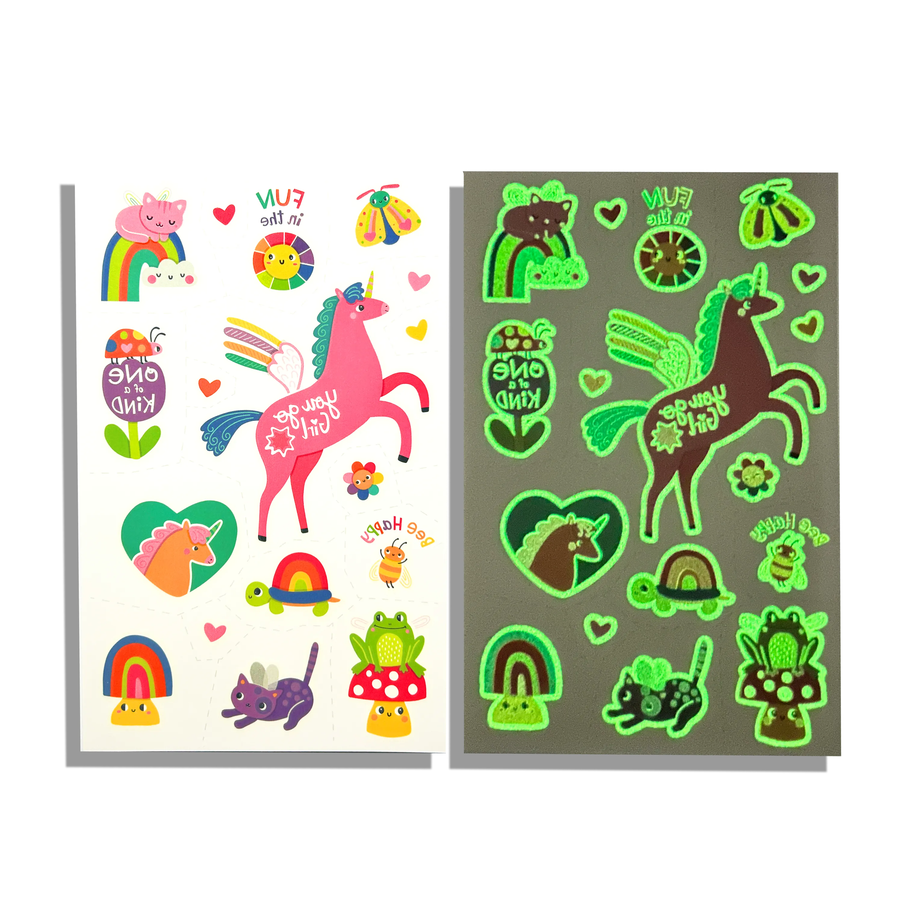 Regular and glow in the dark view of OOLY Tattoo-Palooza Glow in the Dark Temporary Tattoos - Magic Moonbeams