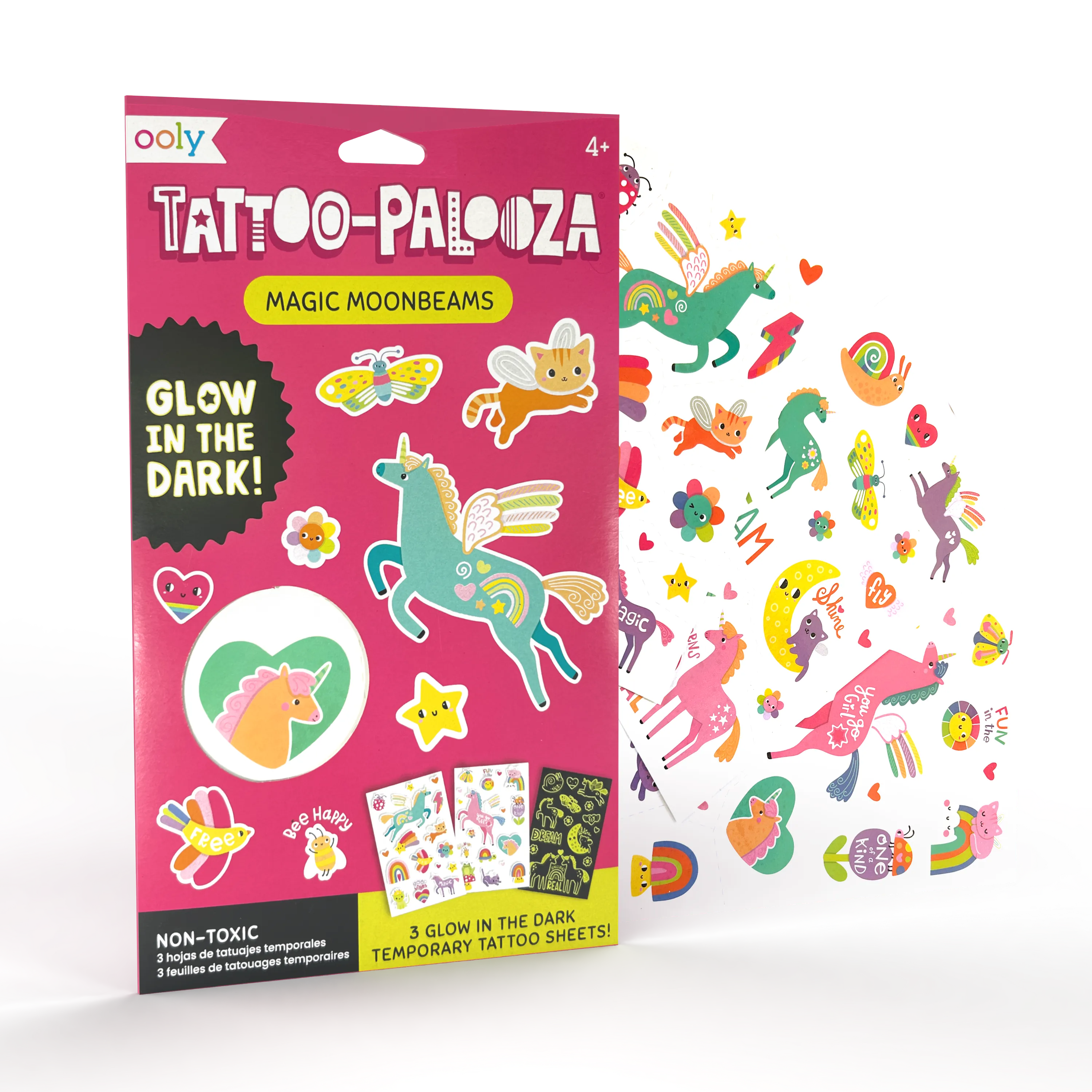 Package and 3 sheets of OOLY Tattoo-Palooza Glow in the Dark Temporary Tattoos - Magic Moonbeams