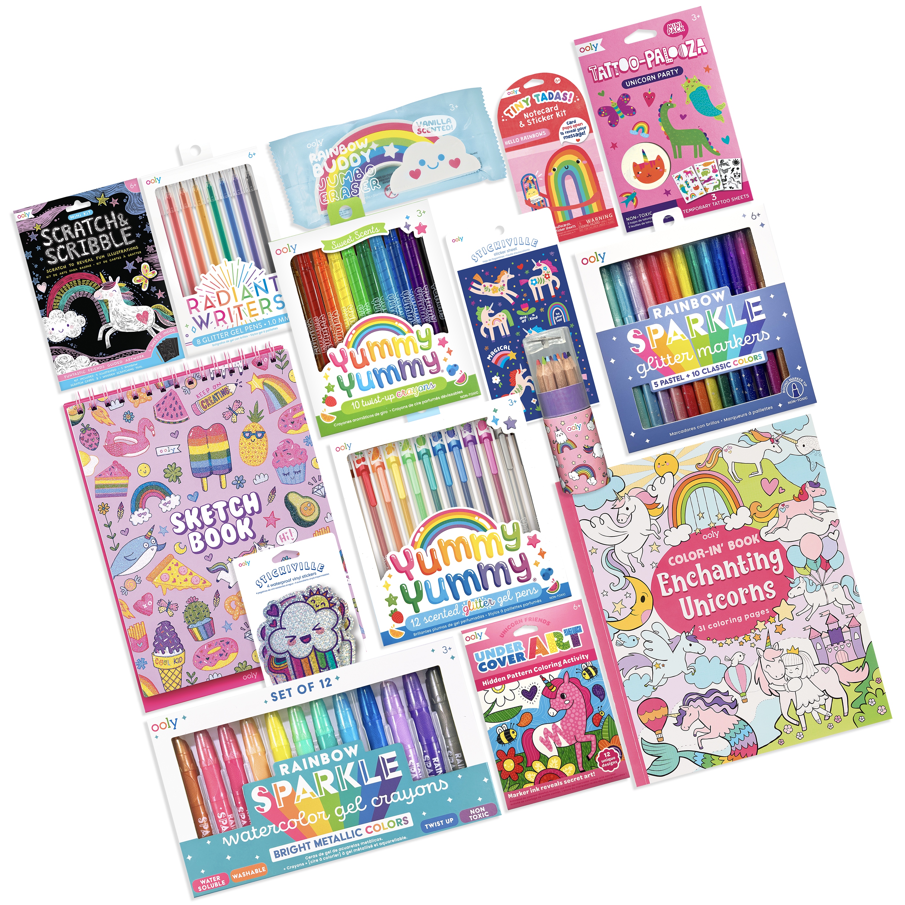 Flat lay collection of all OOLY Ultimate Unicorns Rainbows Bonus Box products